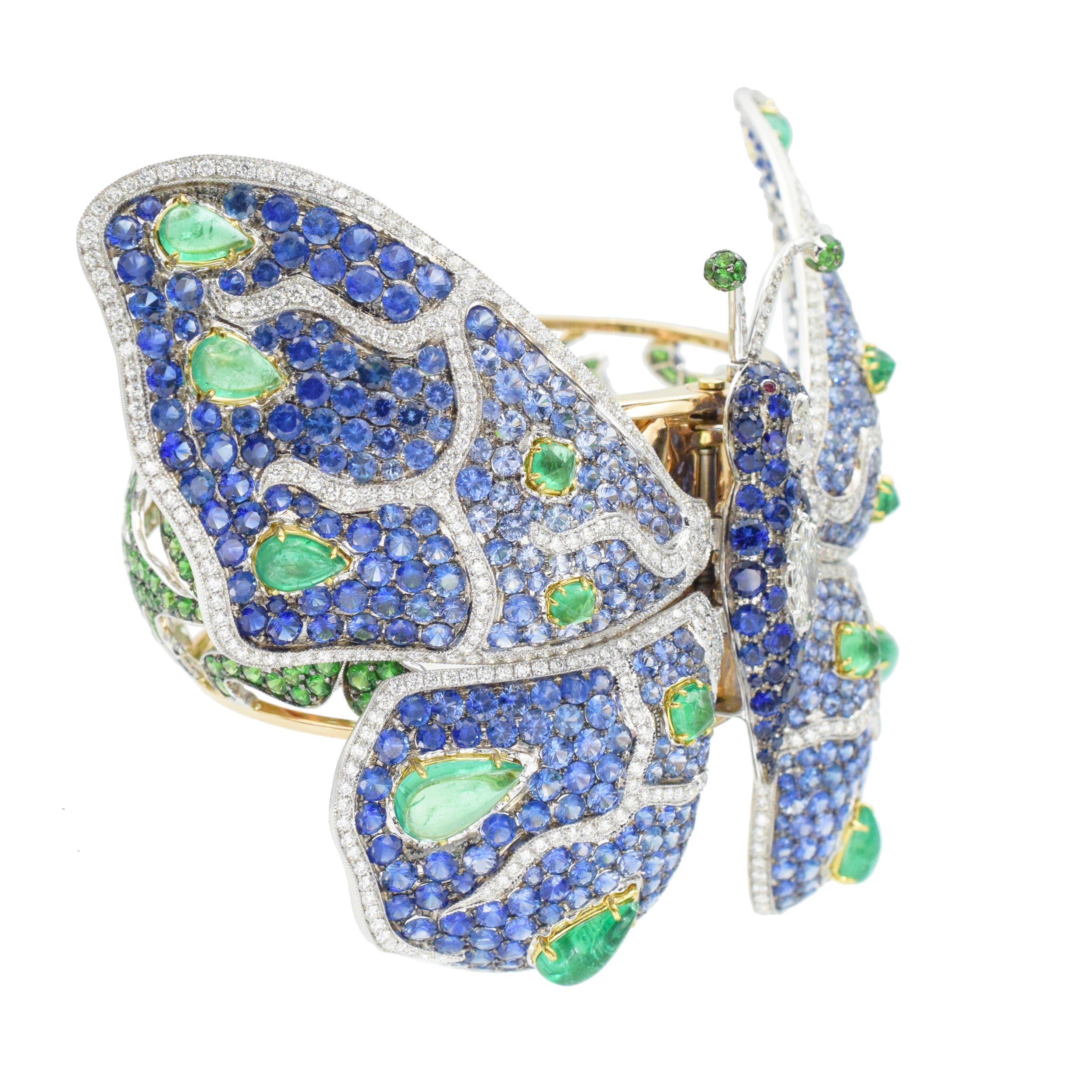 De Grisogono diamond and gemstone butterfly bangle in 18k yellow gold.