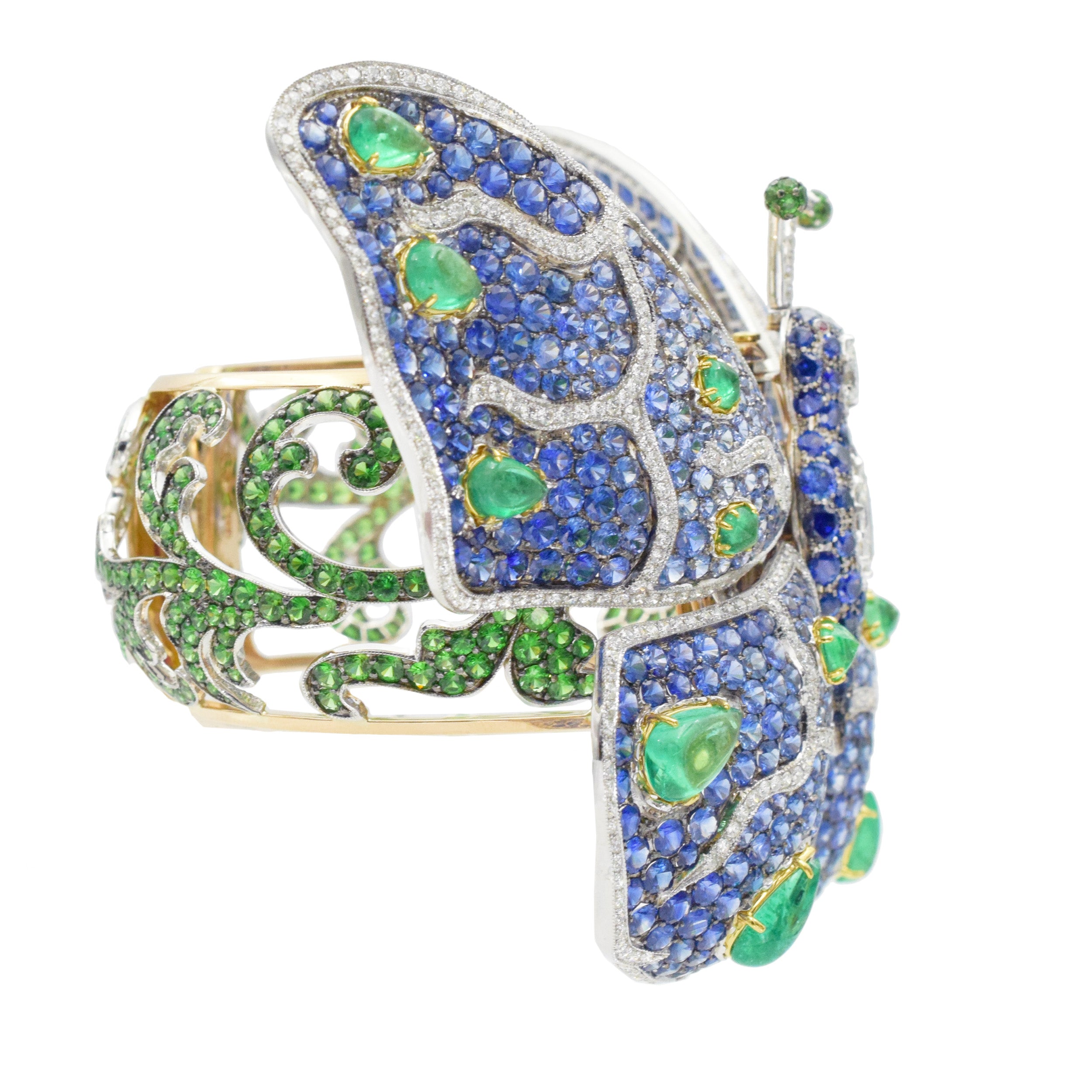 De Grisogono diamond and gemstone butterfly bangle in 18k yellow gold.