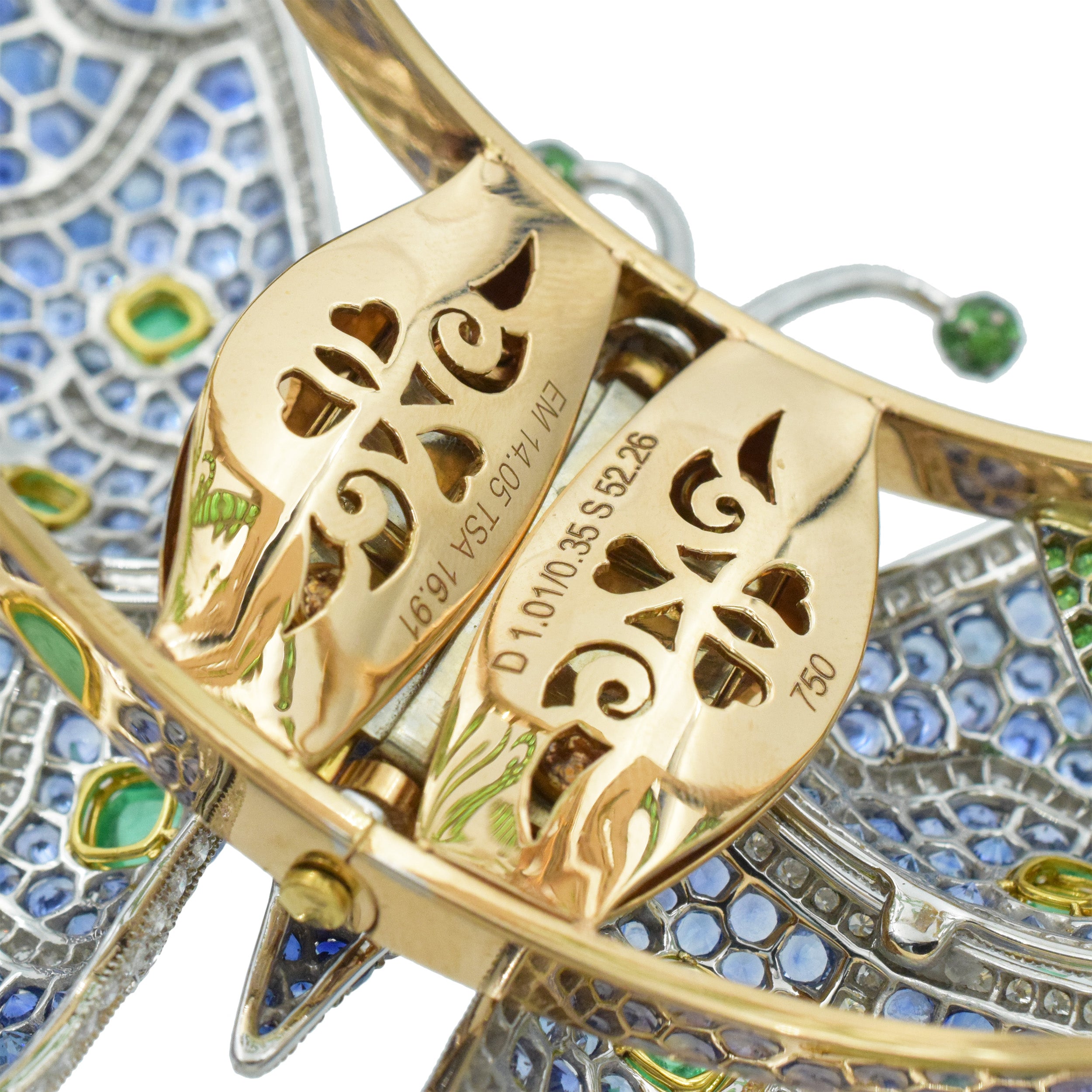 De Grisogono diamond and gemstone butterfly bangle in 18k yellow gold.