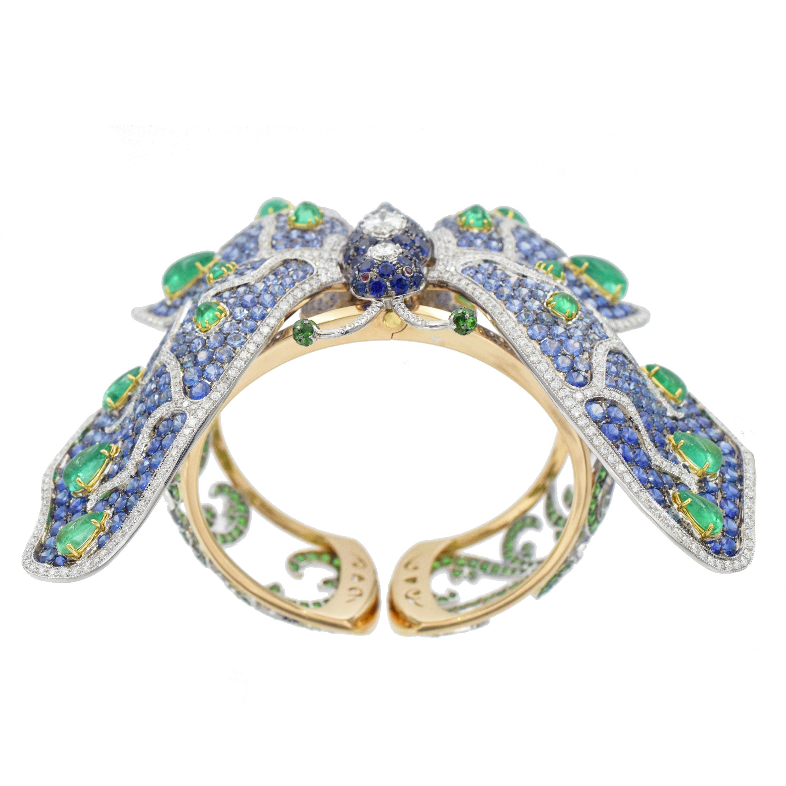 De Grisogono diamond and gemstone butterfly bangle in 18k yellow gold.