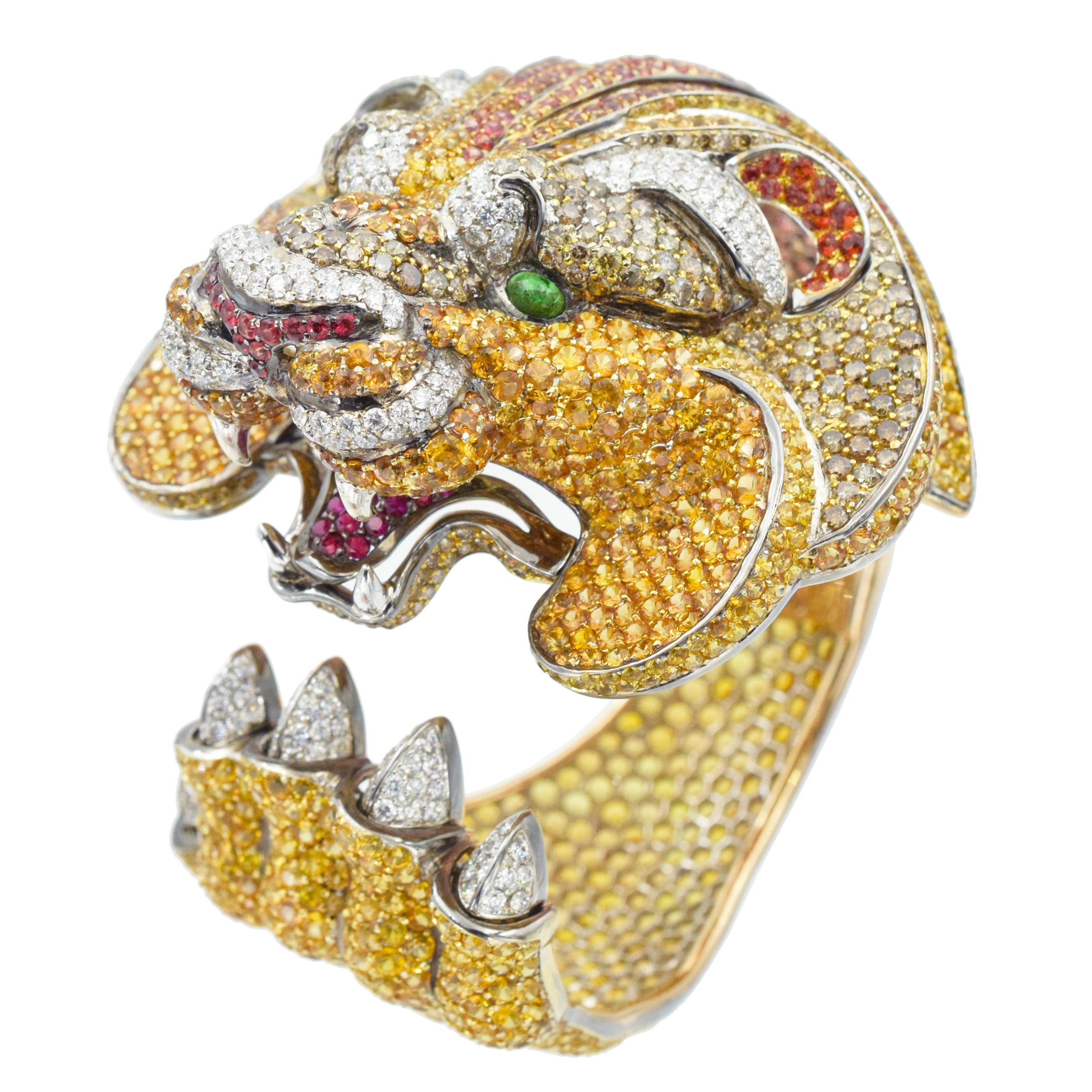 De Grisogono Diamond and gemstone lion cuff bracelet crafted in 18k gold.