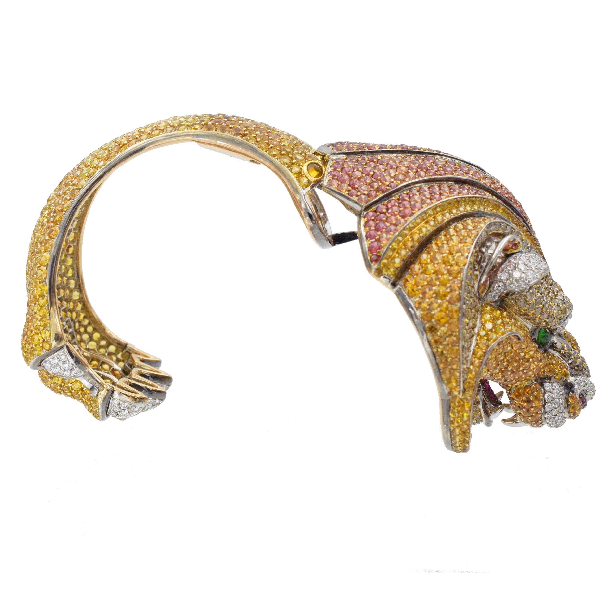 De Grisogono Diamond and gemstone lion cuff bracelet crafted in 18k gold.