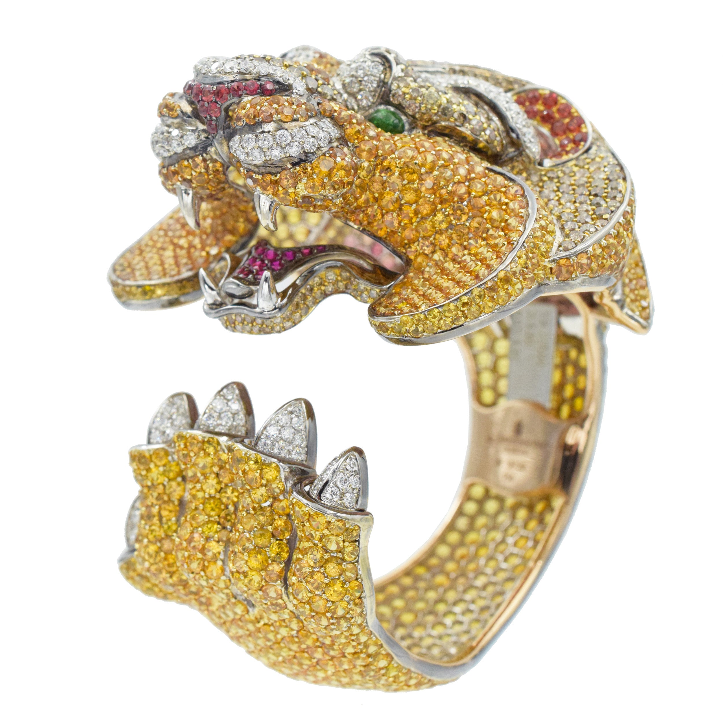 De Grisogono Diamond and gemstone lion cuff bracelet crafted in 18k gold.