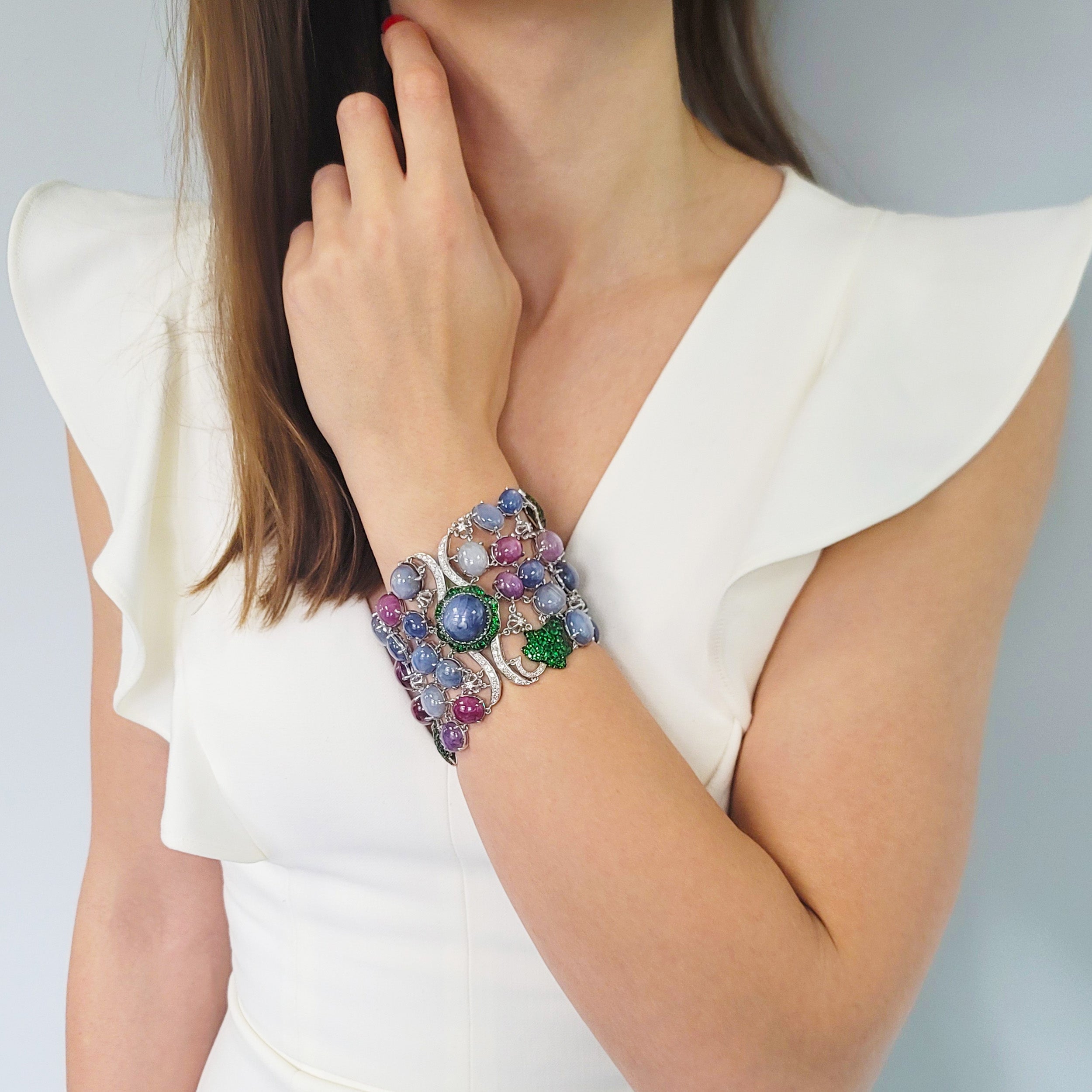 DeGrisogono 18k Gold Star Sapphire and Star Ruby Bracelet With Tsavorite & Diamond Accents
