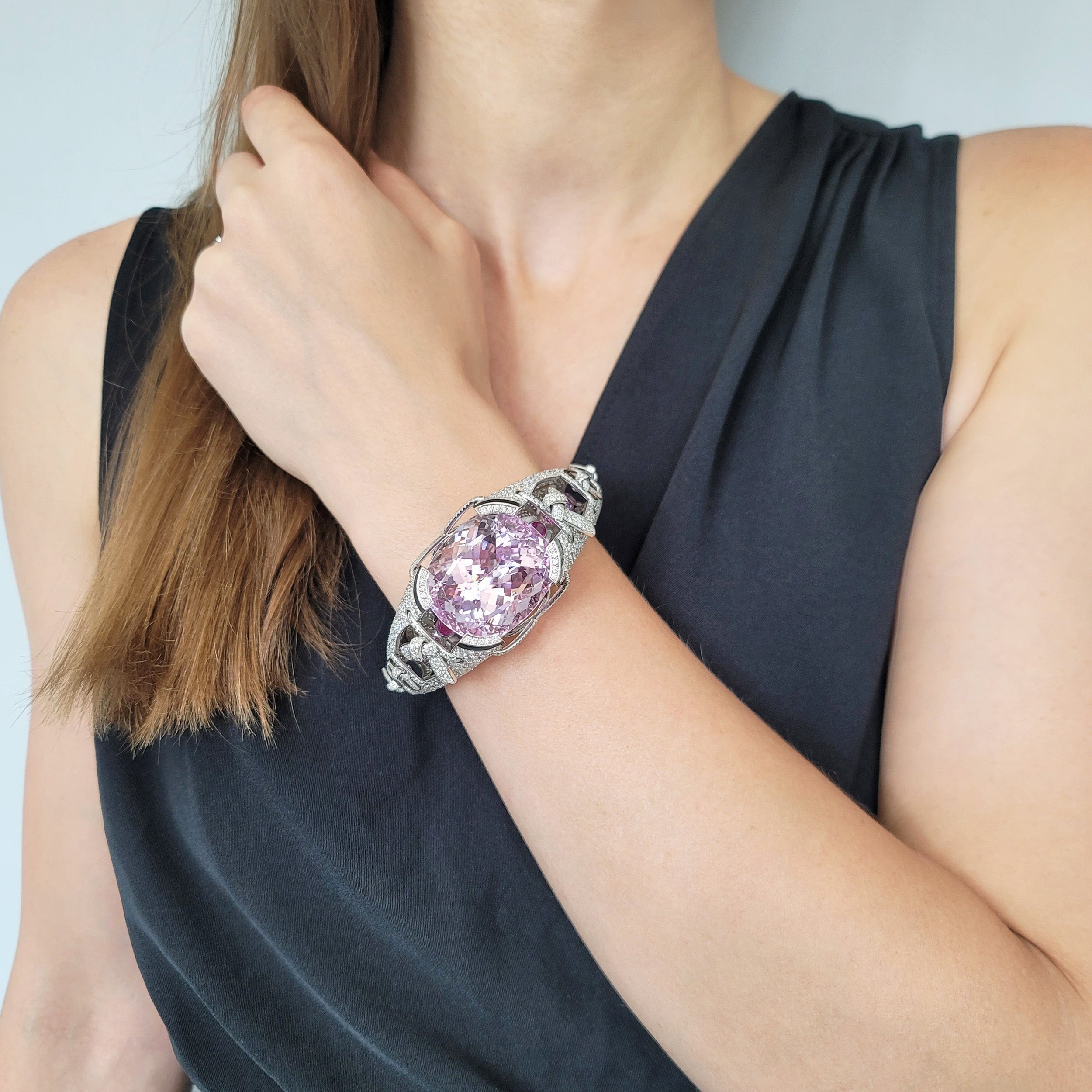 Kunzite, Diamond And Enamel Cuff Statement Bracelet In 18k White Gold