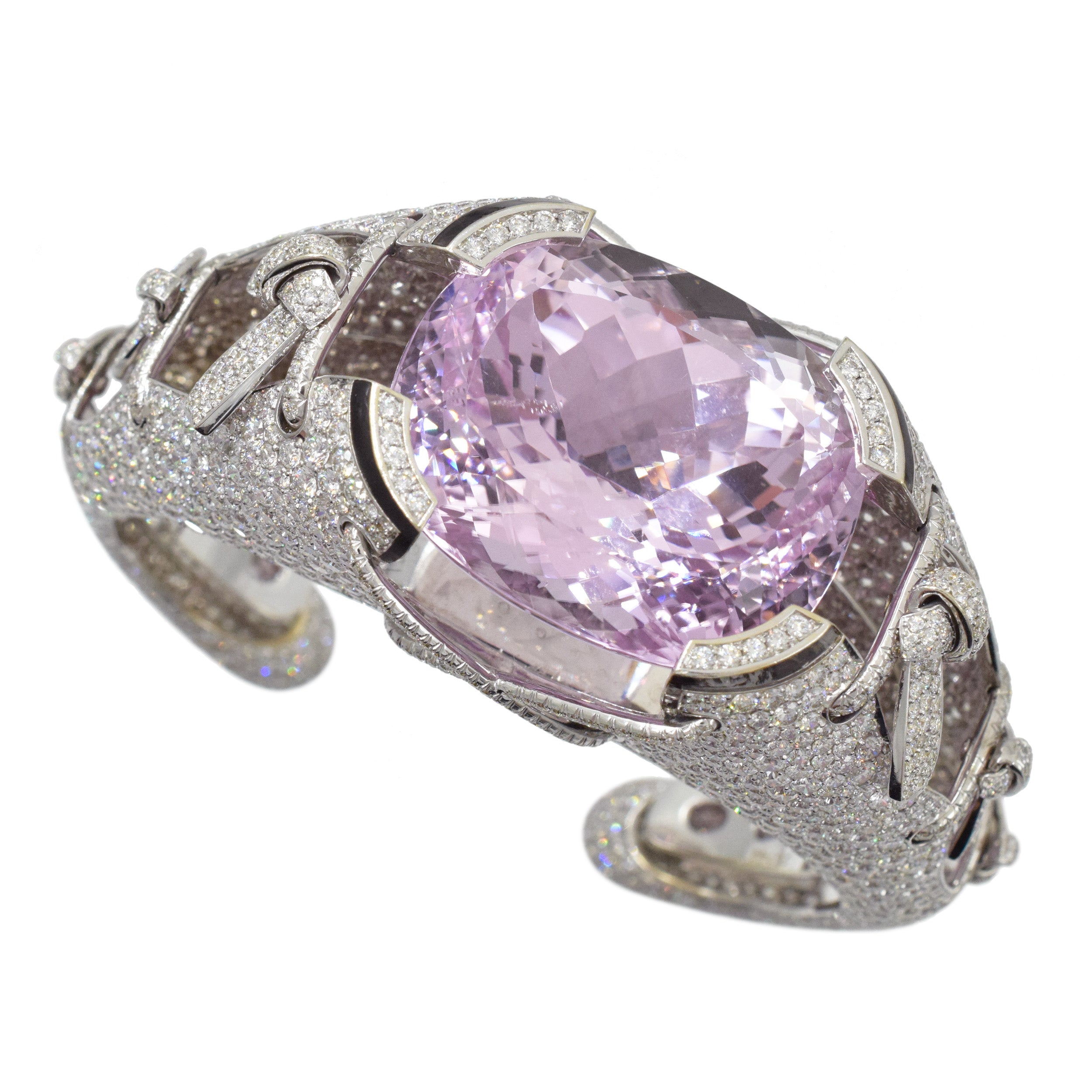 Kunzite, Diamond And Enamel Cuff Statement Bracelet In 18k White Gold