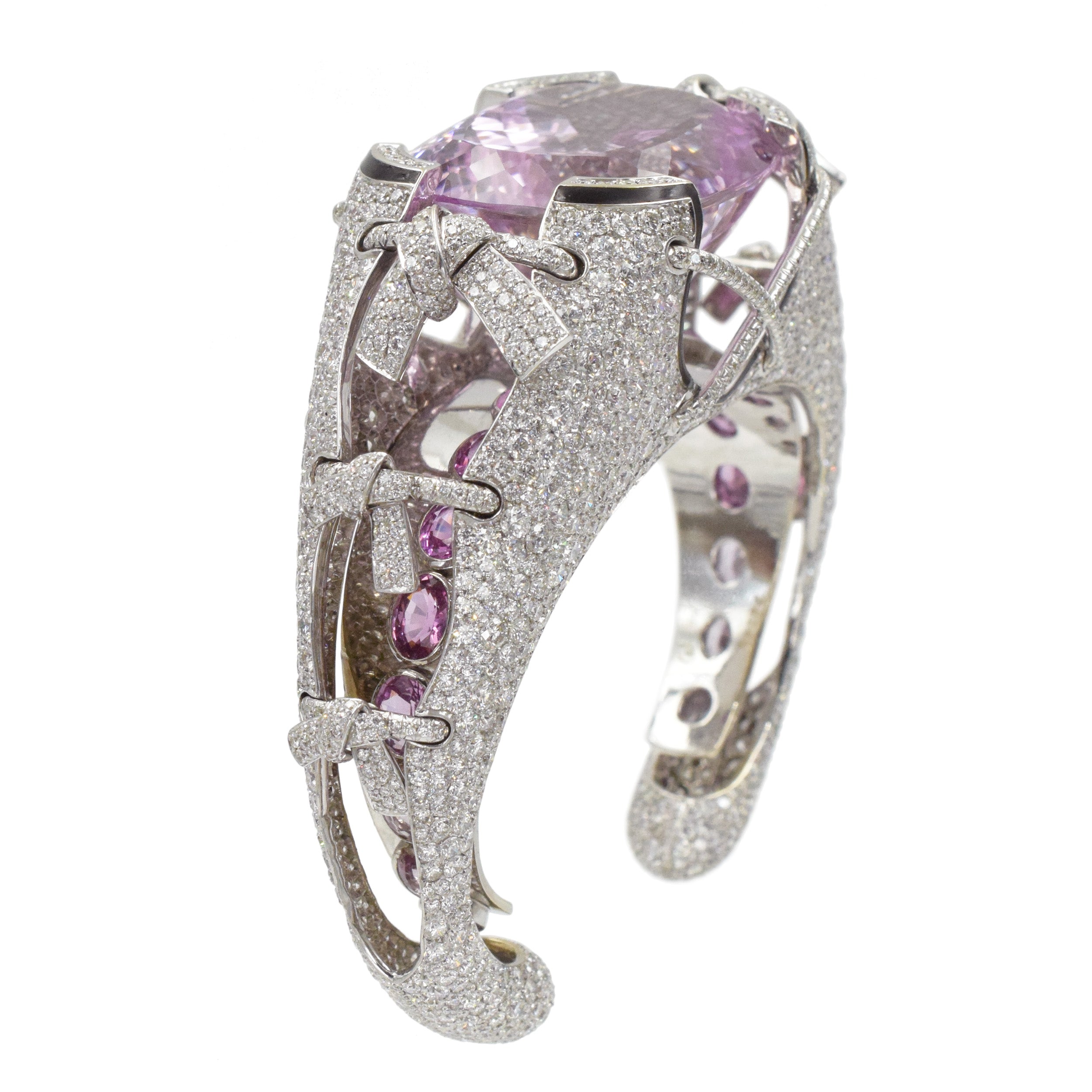 Kunzite, Diamond And Enamel Cuff Statement Bracelet In 18k White Gold