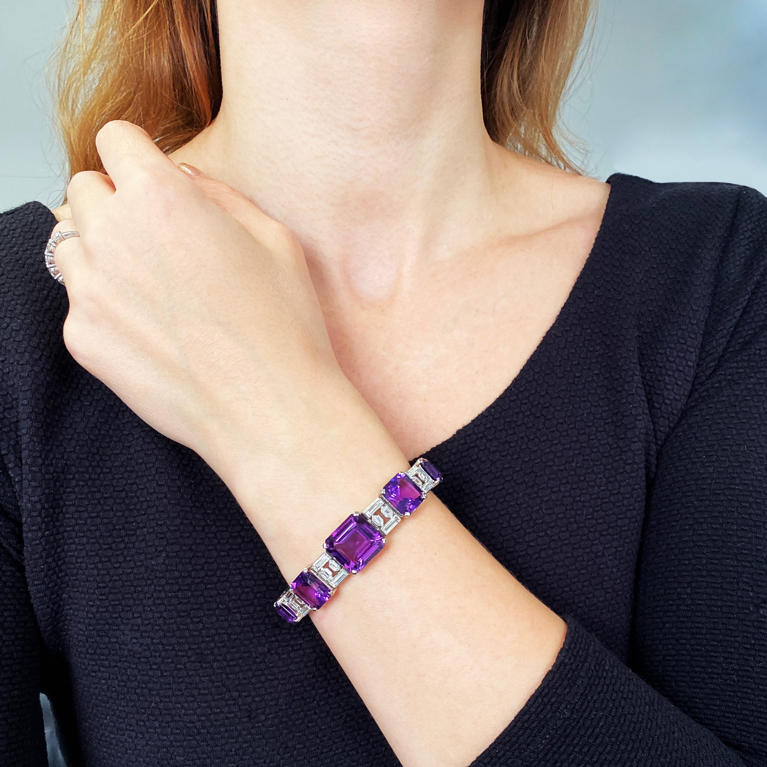 Van Cleef & Arpels Diamond and Amethyst Line Bracelet In Platinum