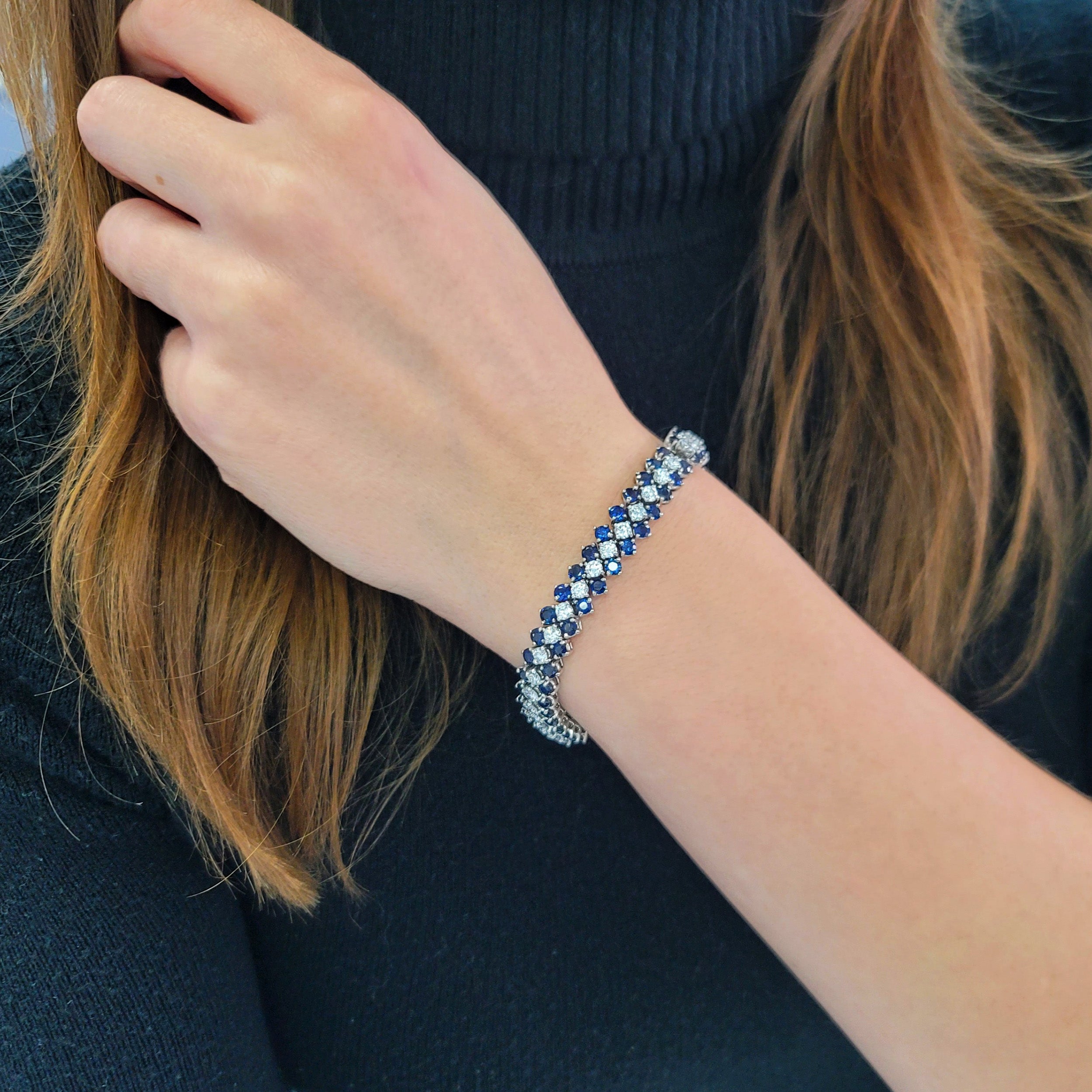 Diamond And Sapphire Three Row Line Bracelet In Platinum