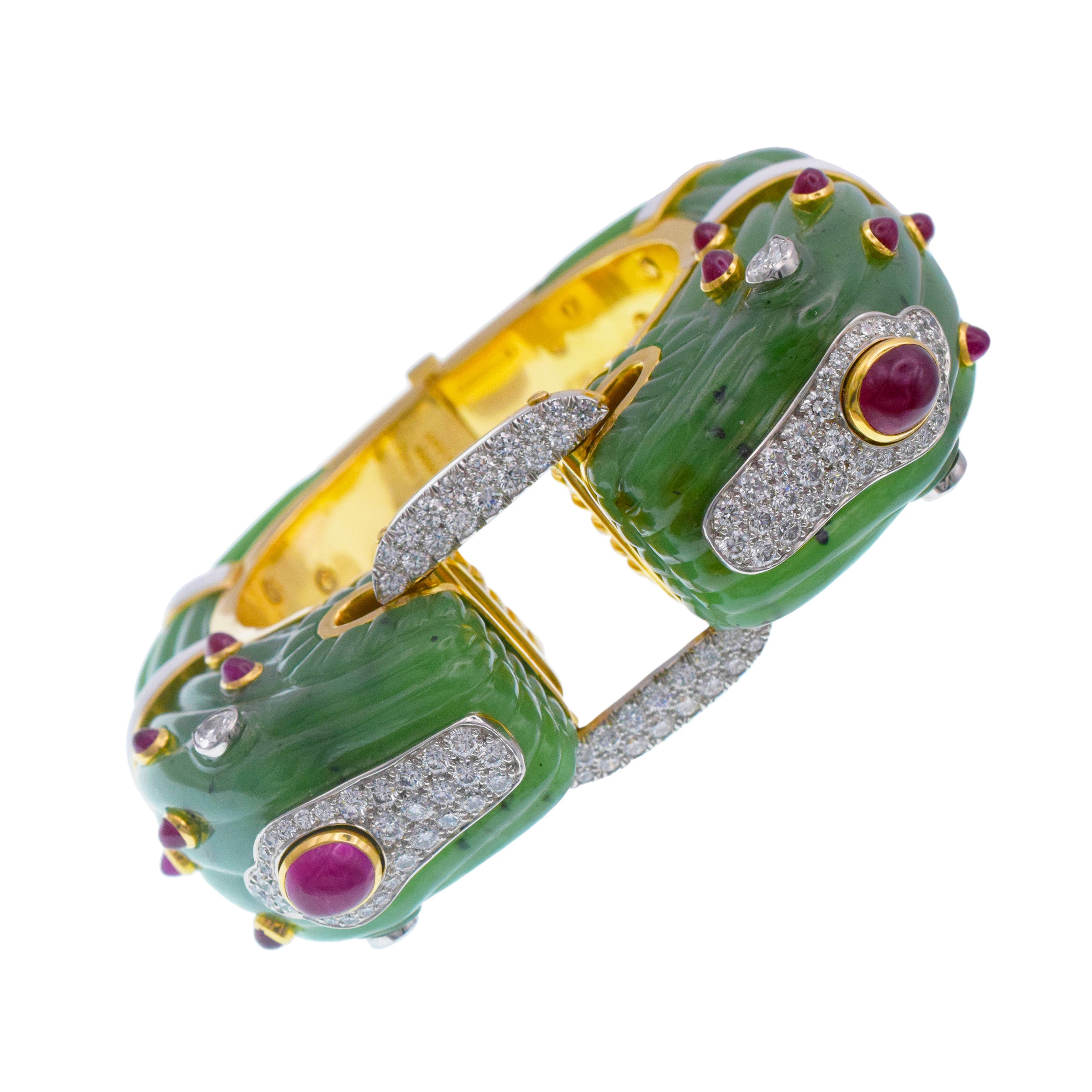 David Webb Nephrite Double Headed 'Chimera' Bracelet In 18k Yellow Gold And Platinum