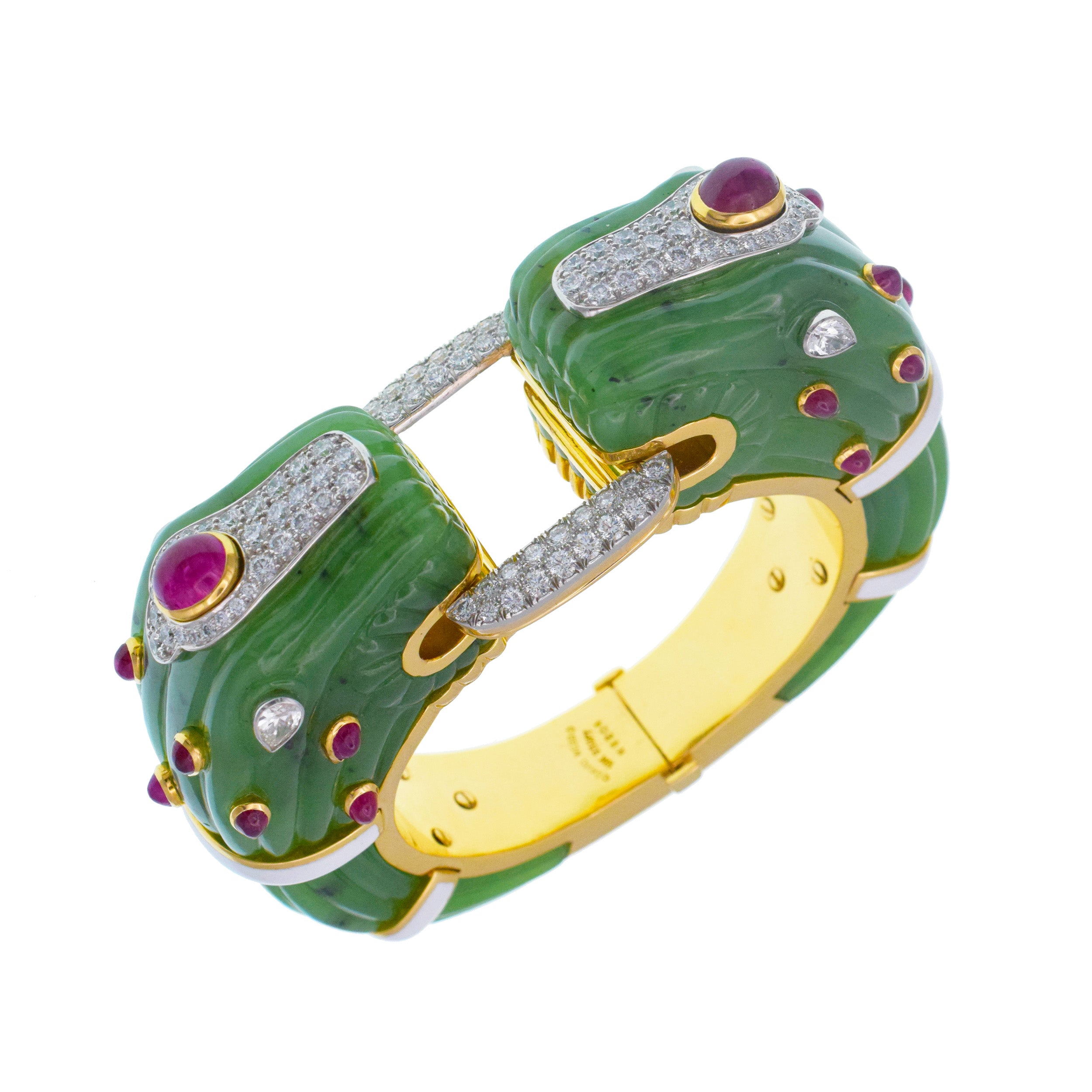 David Webb Nephrite Double Headed 'Chimera' Bracelet In 18k Yellow Gold And Platinum