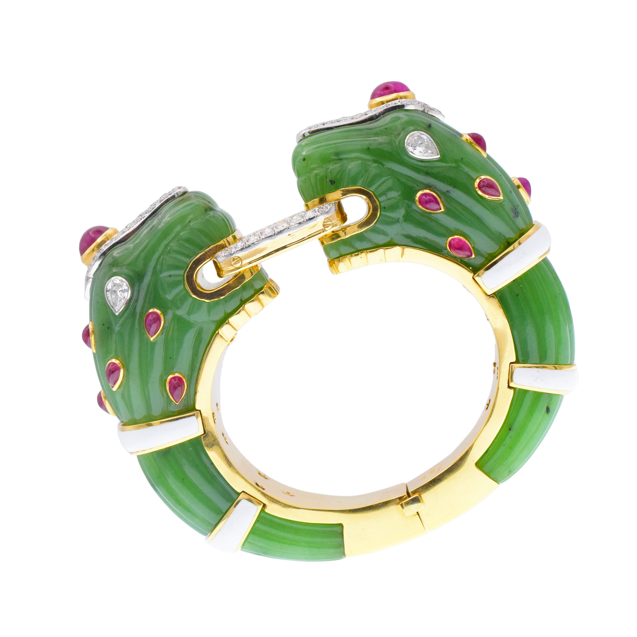 David Webb Nephrite Double Headed 'Chimera' Bracelet In 18k Yellow Gold And Platinum