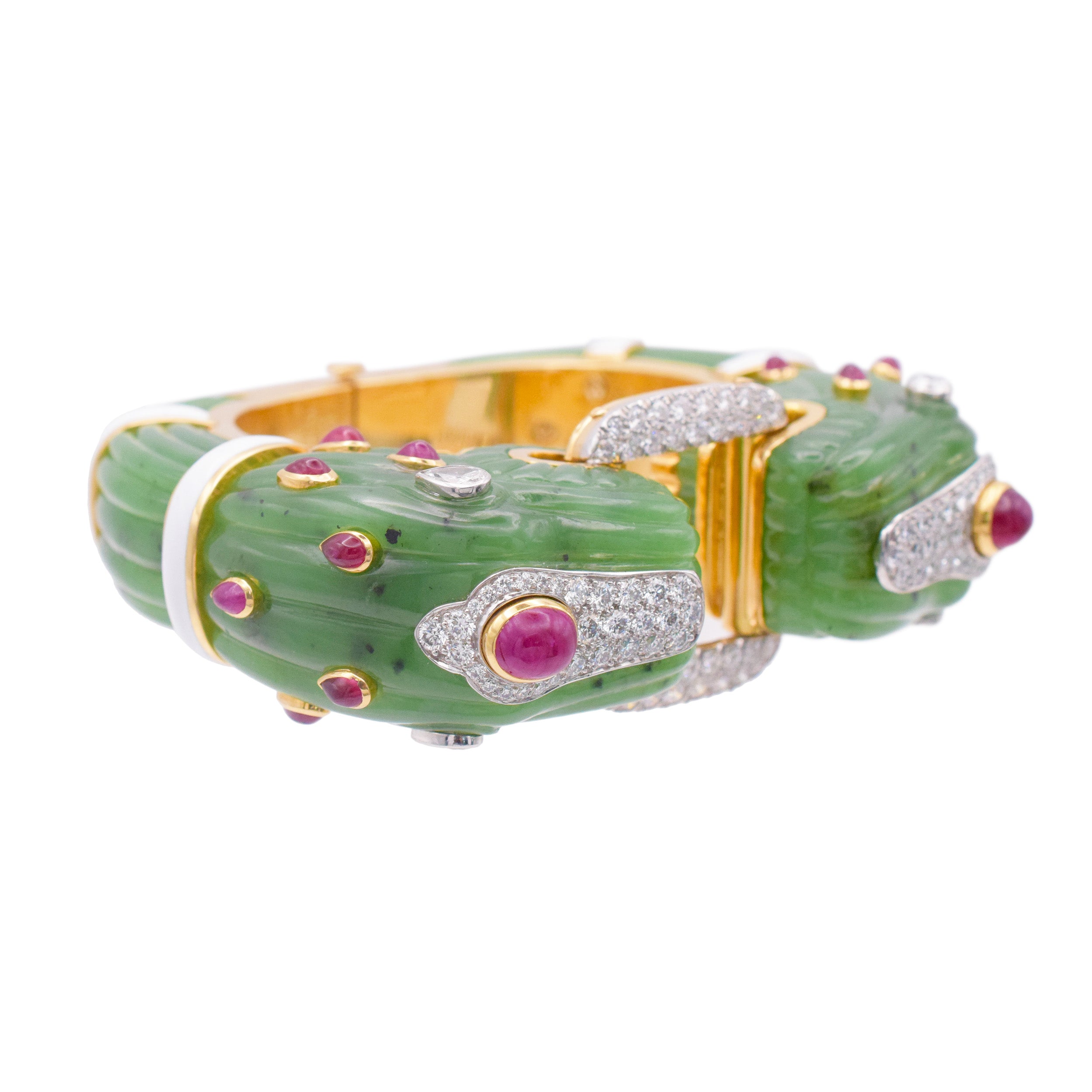 David Webb Nephrite Double Headed 'Chimera' Bracelet In 18k Yellow Gold And Platinum