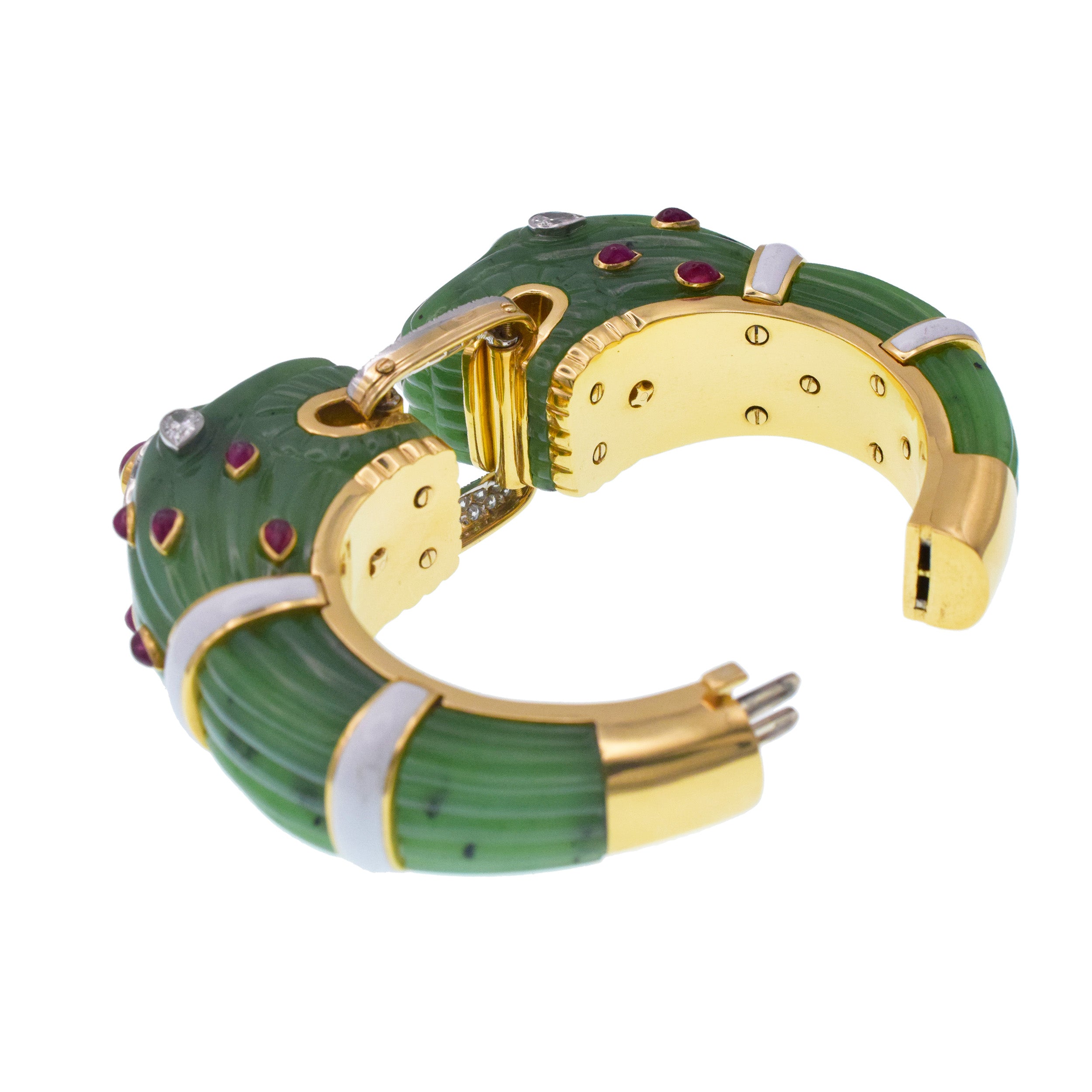 David Webb Nephrite Double Headed 'Chimera' Bracelet In 18k Yellow Gold And Platinum