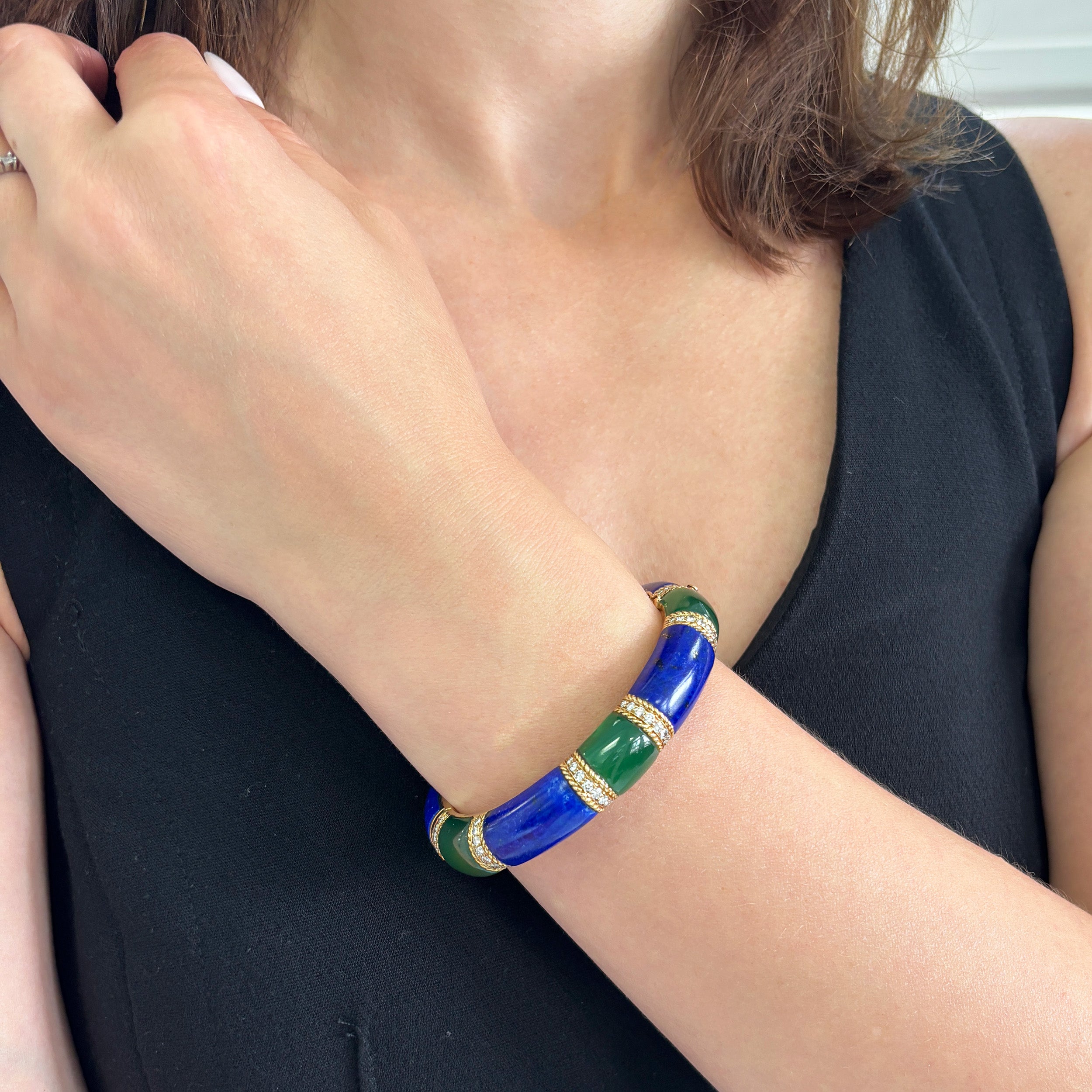 Van Cleef & Arpels Lapis Lazuli, Green Onyx & Diamond Bangle Bracelet In 18k Yellow Gold