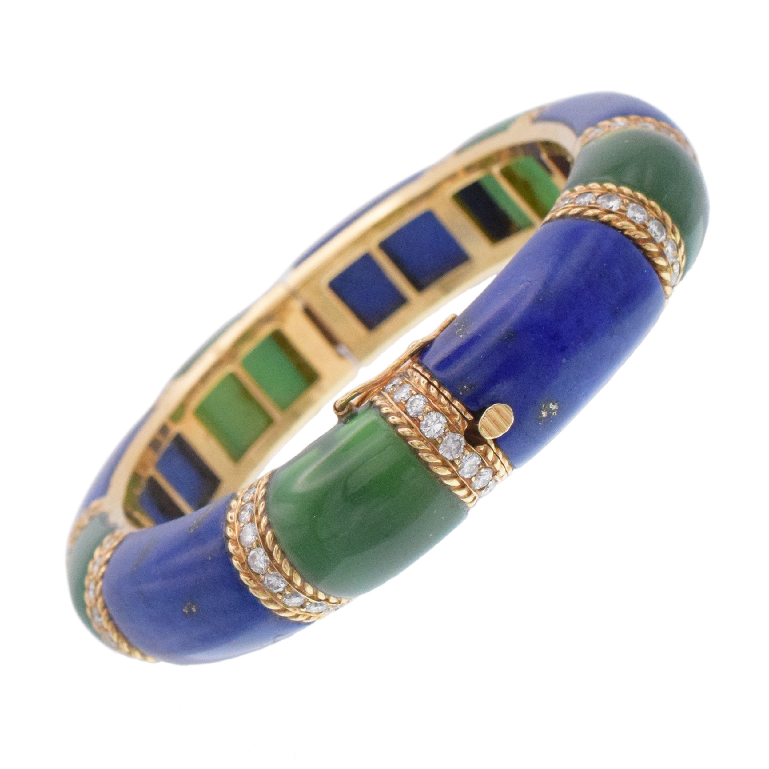 Van Cleef & Arpels Lapis Lazuli, Green Onyx & Diamond Bangle Bracelet In 18k Yellow Gold