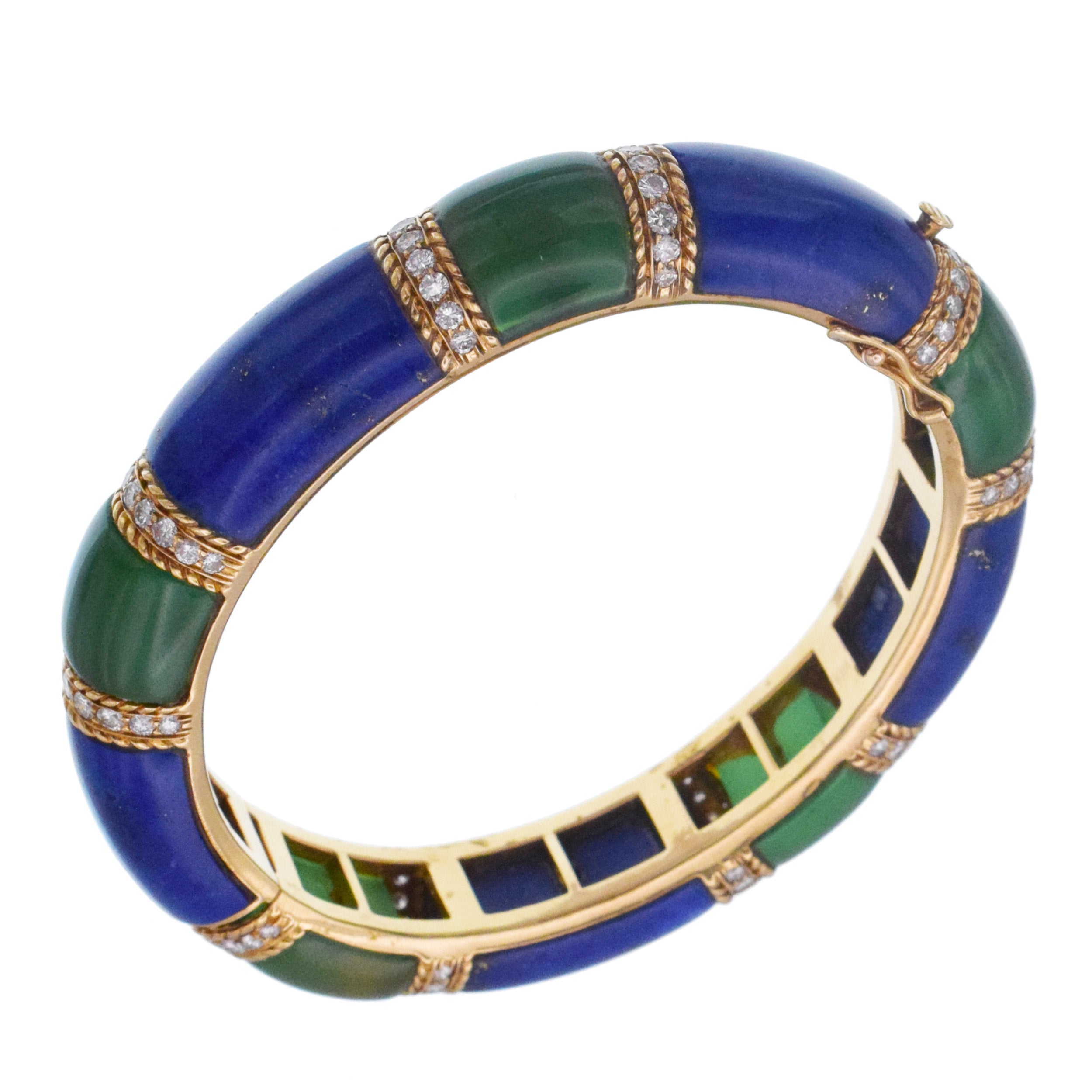 Van Cleef & Arpels Lapis Lazuli, Green Onyx & Diamond Bangle Bracelet In 18k Yellow Gold