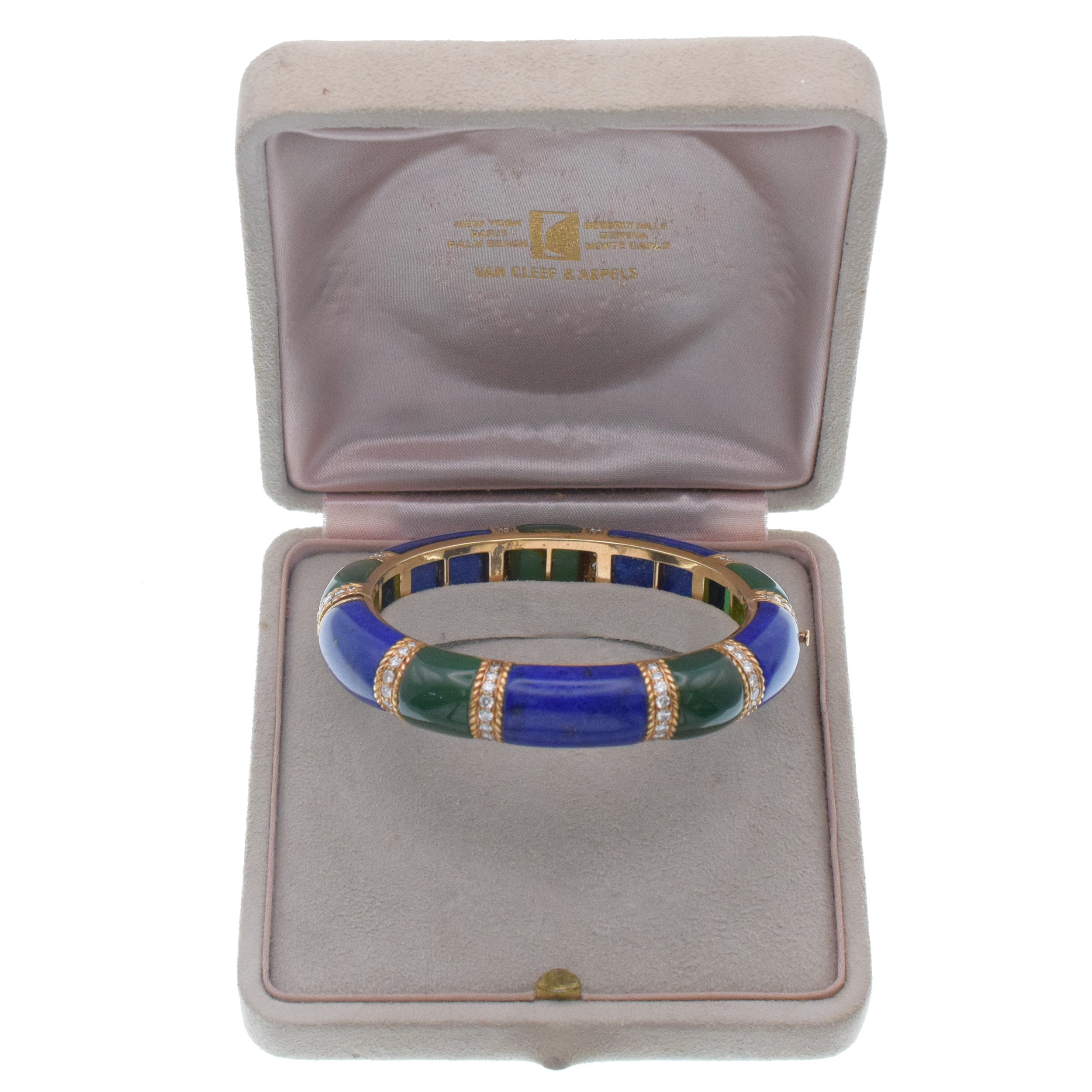 Van Cleef & Arpels Lapis Lazuli, Green Onyx & Diamond Bangle Bracelet In 18k Yellow Gold