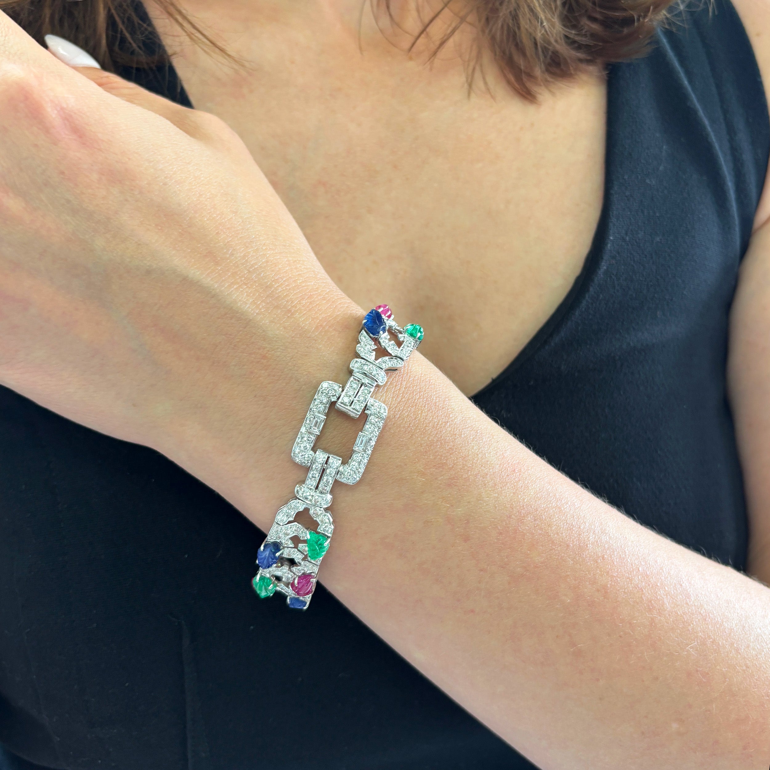 Platinum, Carved Colored Stone And Diamond Tutti Frutti Bracelet
