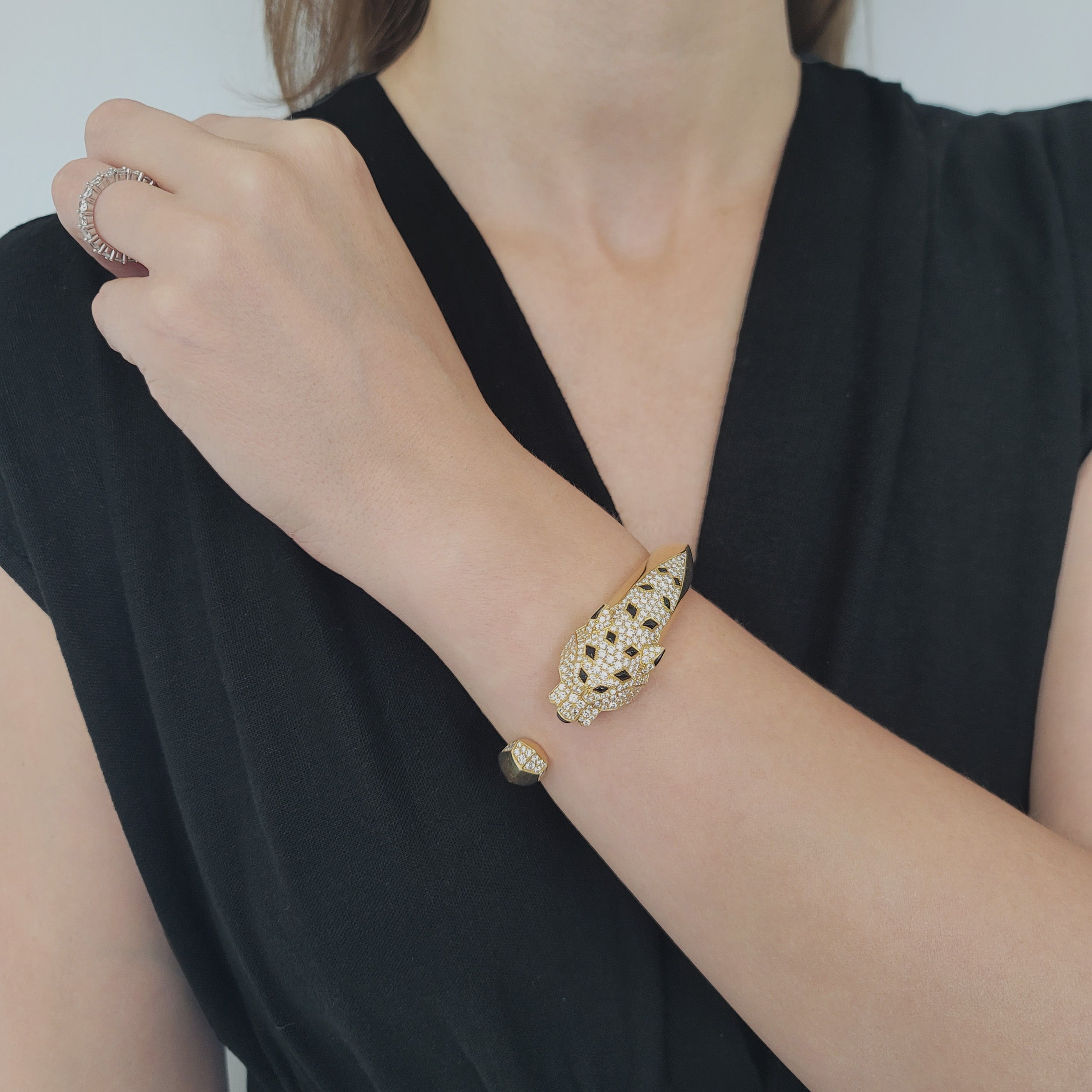Cartier 'Panthere' Diamond, Emerald And Onyx Cuff Bracelet In 18k Yellow Gold