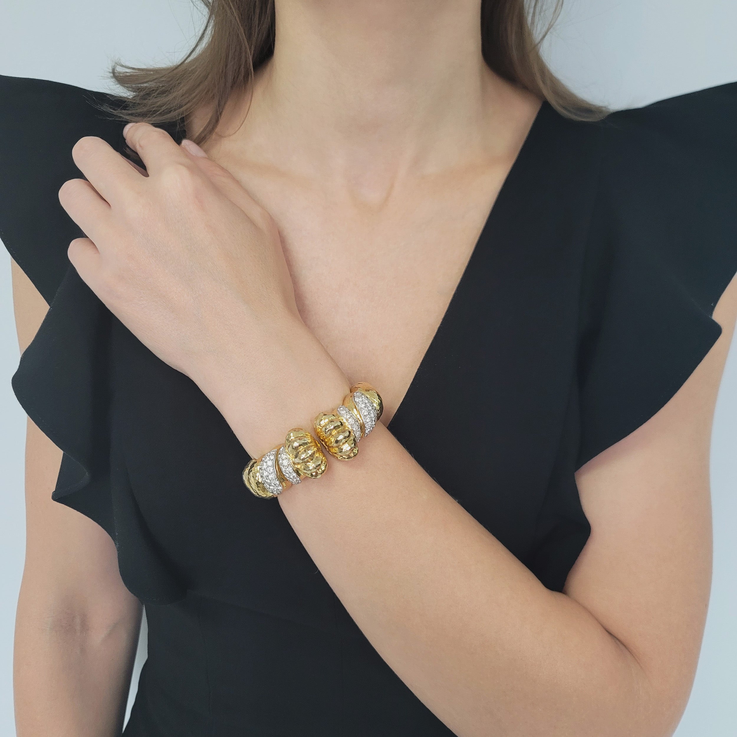 Hammered 18k Yellow Gold And Diamond Cuff Bracelet In 18k Yellow Gold