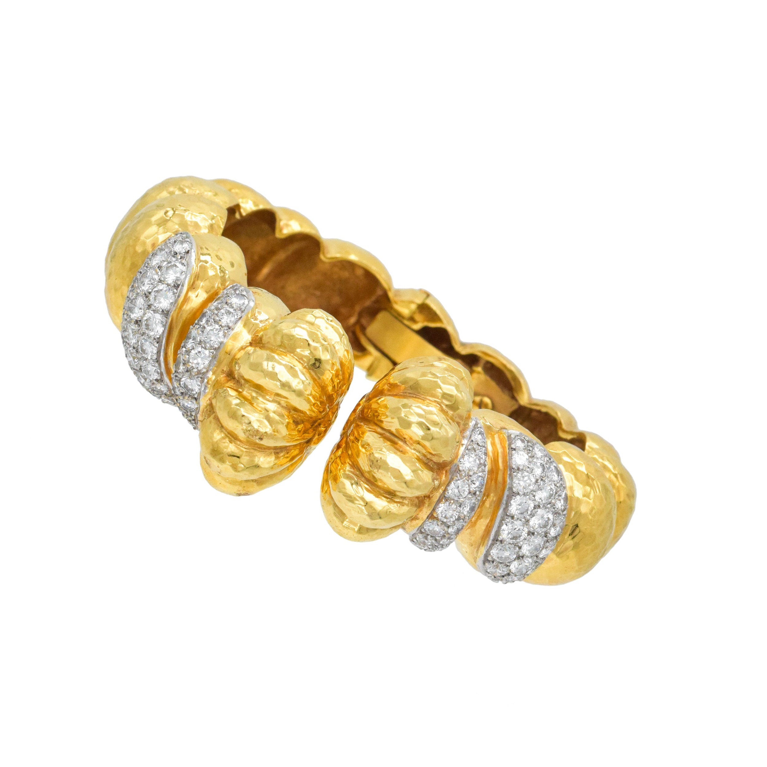 Hammered 18k Yellow Gold And Diamond Cuff Bracelet In 18k Yellow Gold