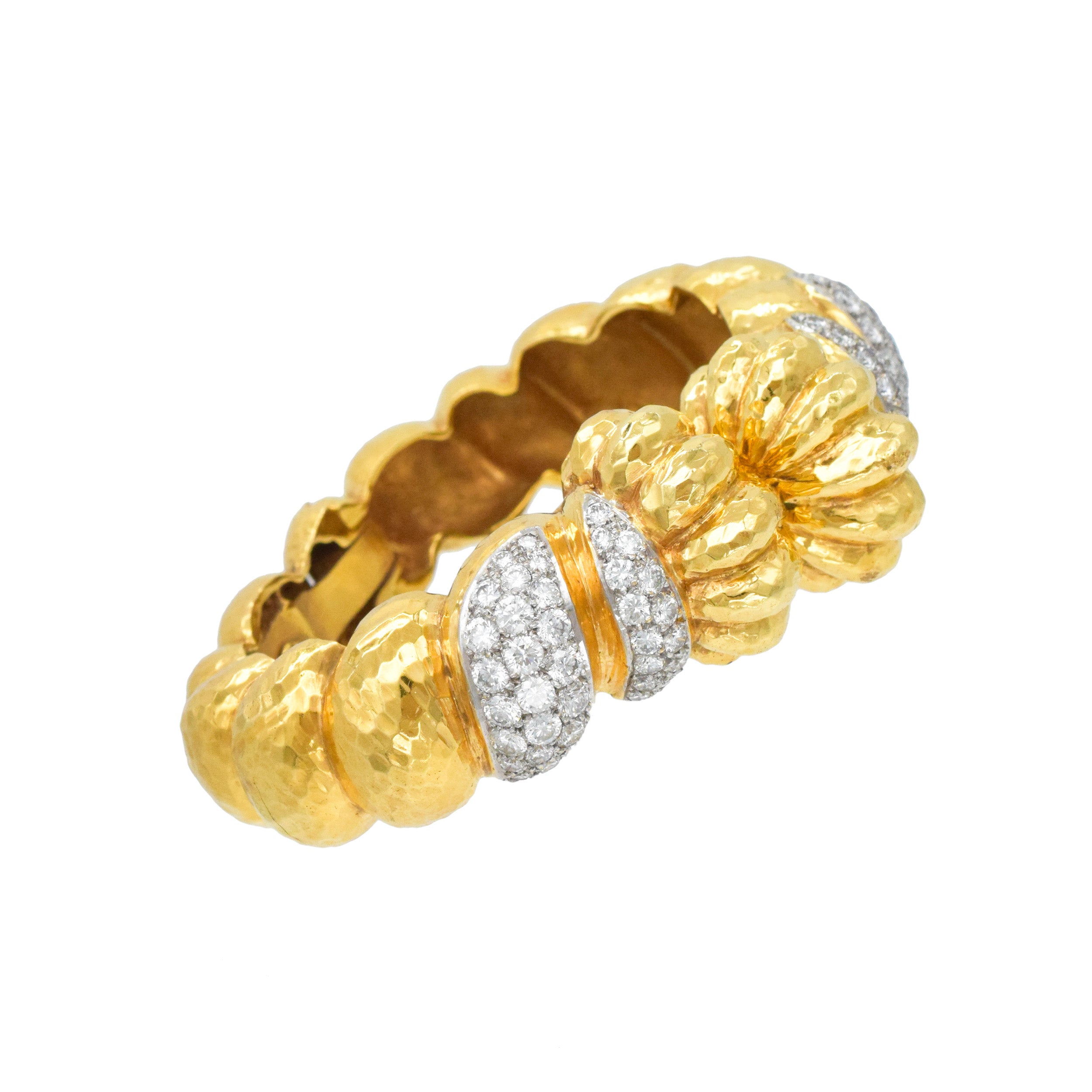 Hammered 18k Yellow Gold And Diamond Cuff Bracelet In 18k Yellow Gold