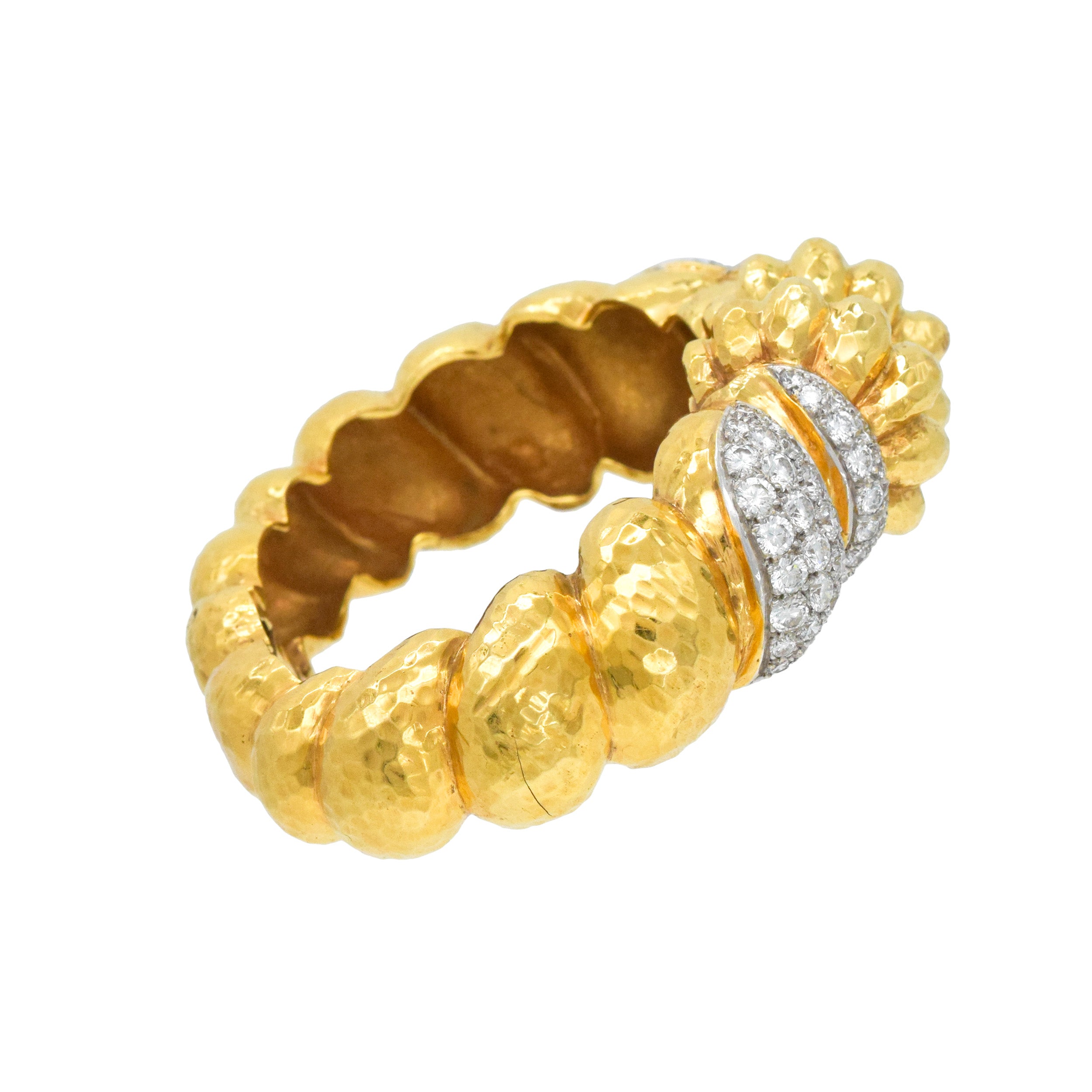 Hammered 18k Yellow Gold And Diamond Cuff Bracelet In 18k Yellow Gold