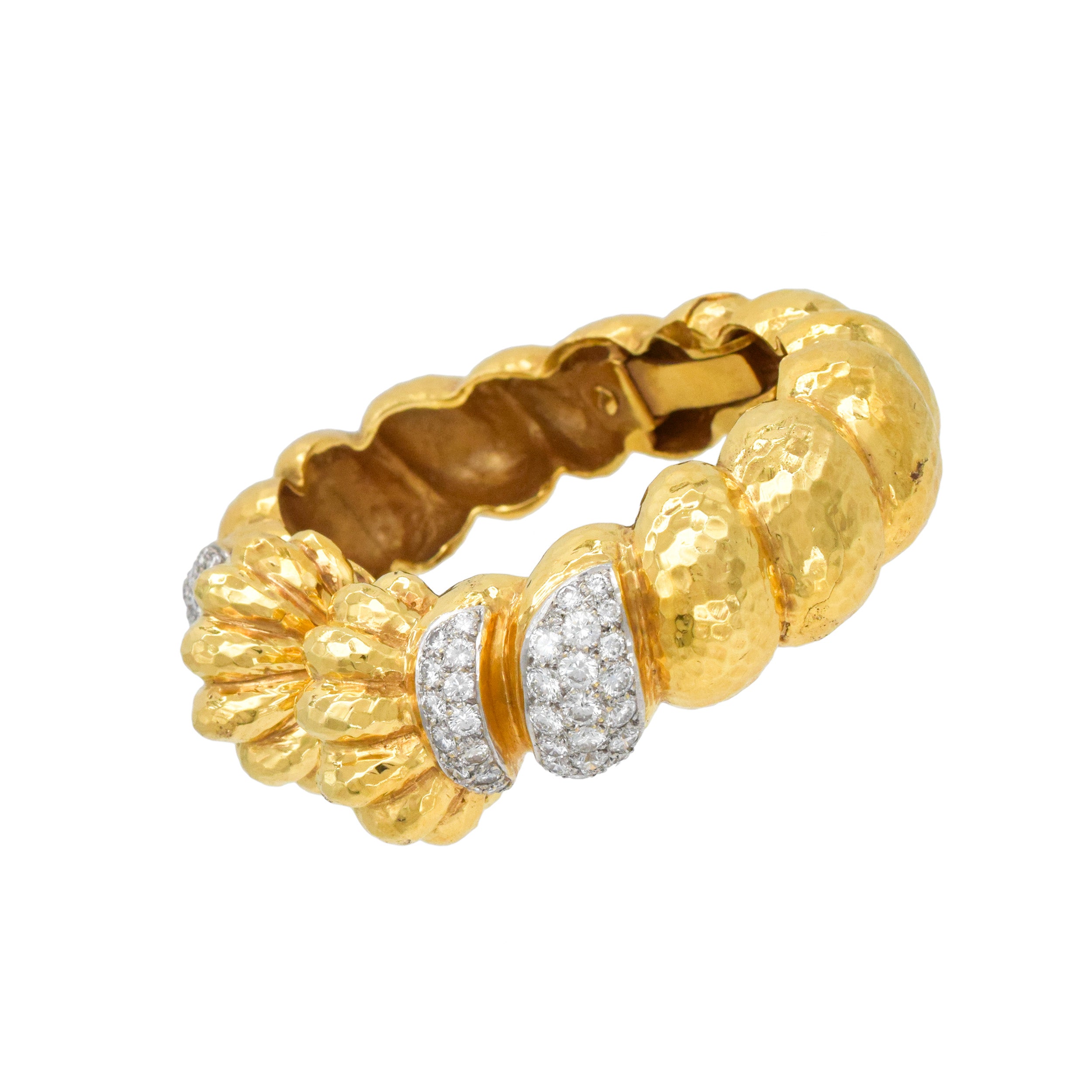 Hammered 18k Yellow Gold And Diamond Cuff Bracelet In 18k Yellow Gold