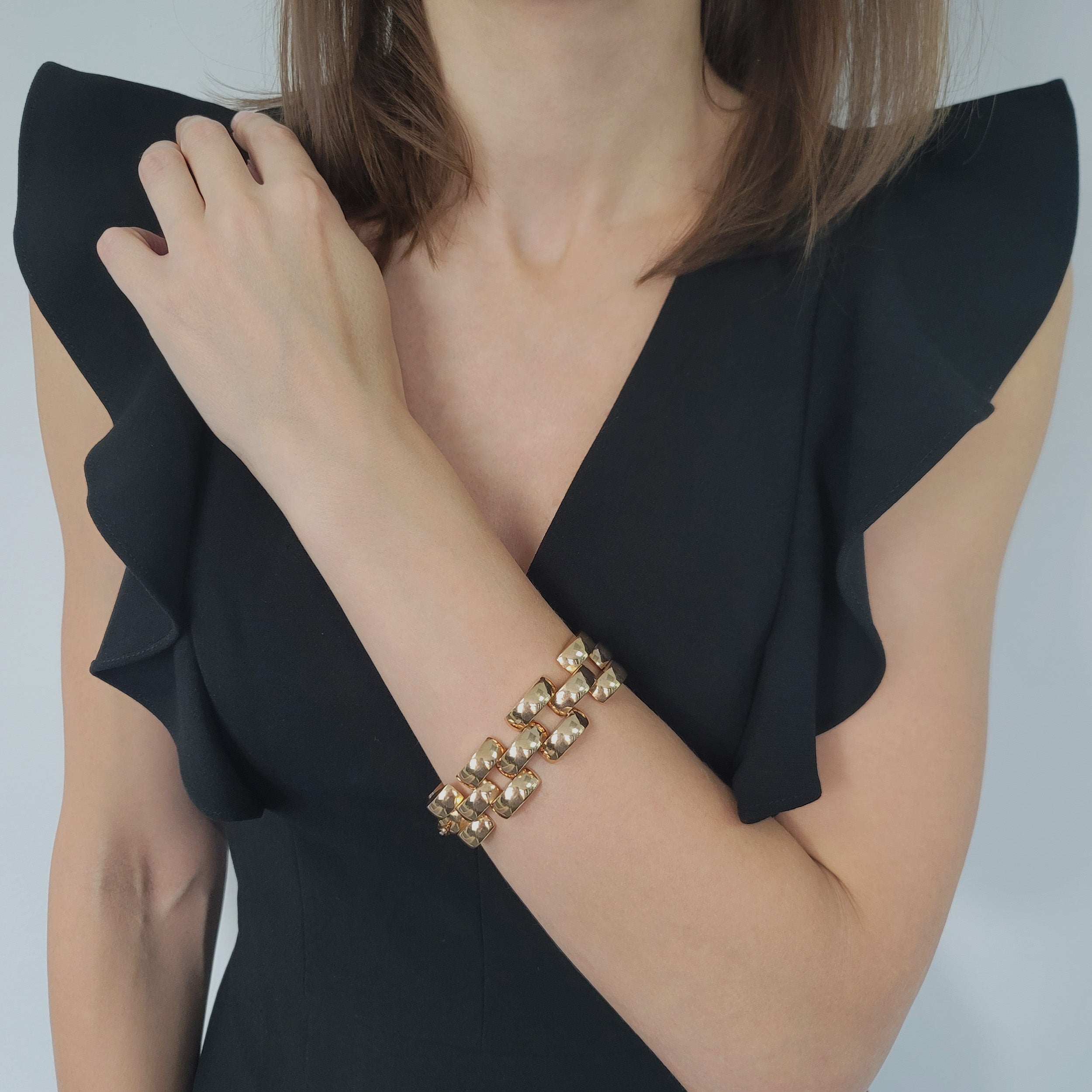 Three Row Large Panther Link Style Bracelet In 14k Yellow Gold