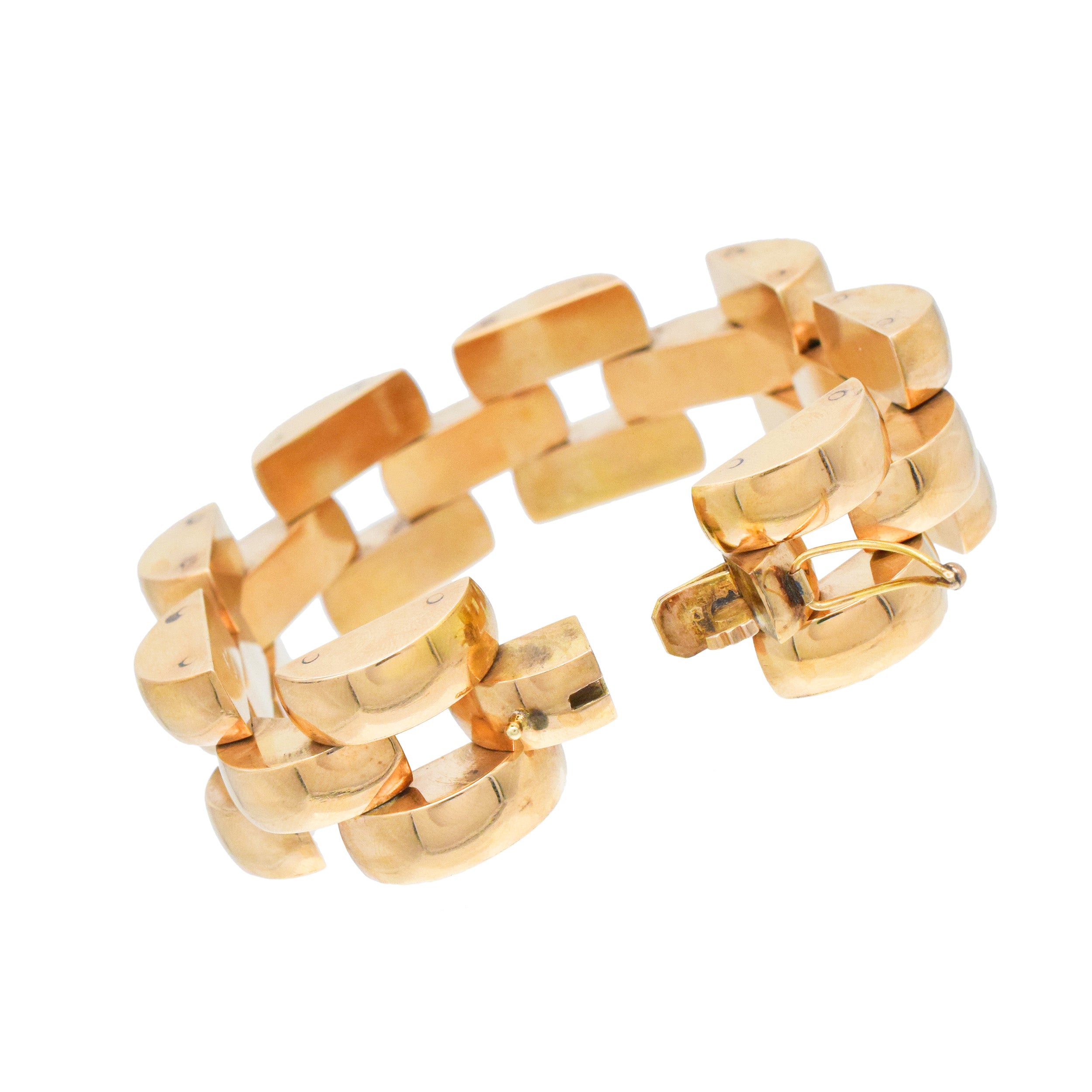 Three Row Large Panther Link Style Bracelet In 14k Yellow Gold