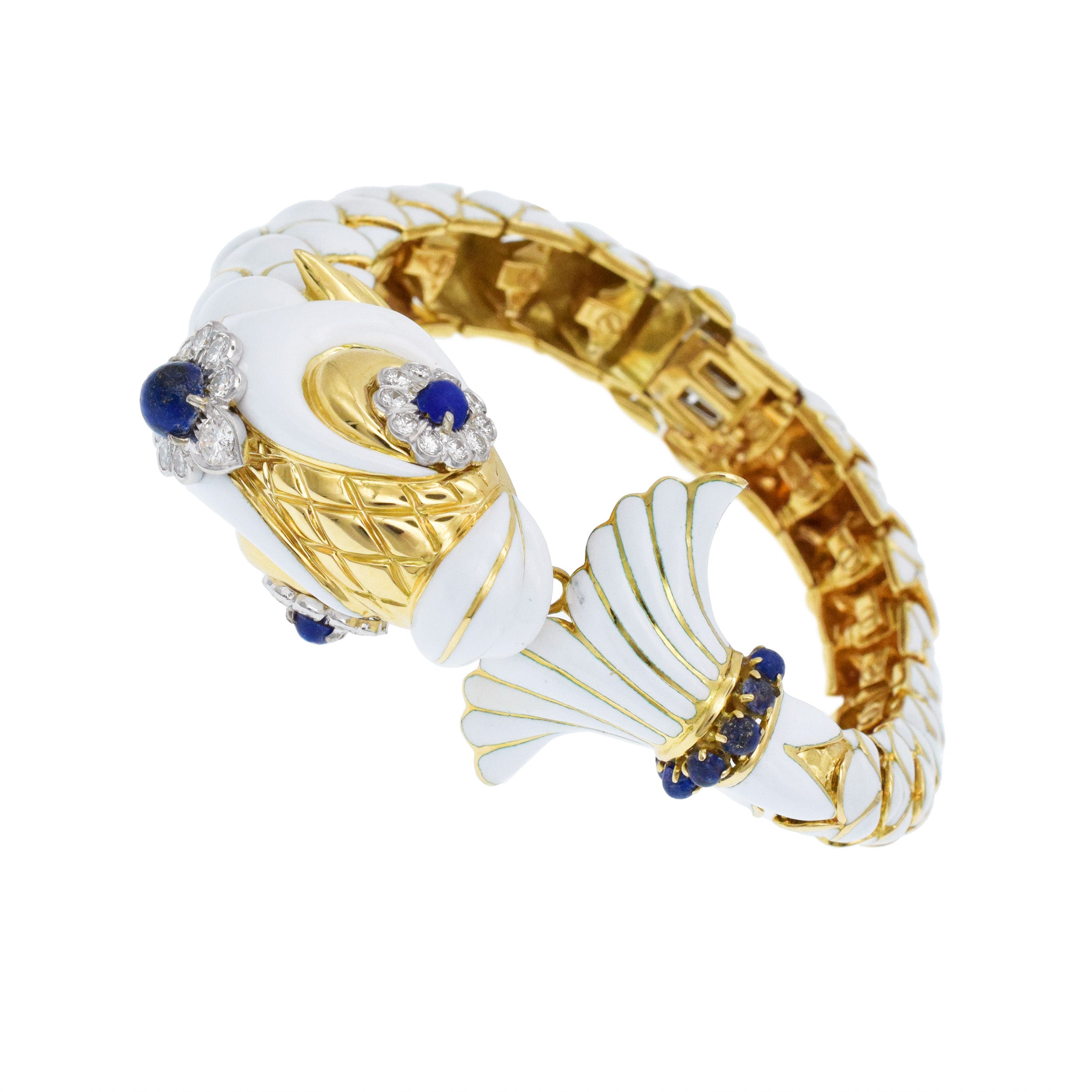 David Webb White Enamel, Diamond And Lapis Fish Bracelet In 18k Yellow Gold And Platinum