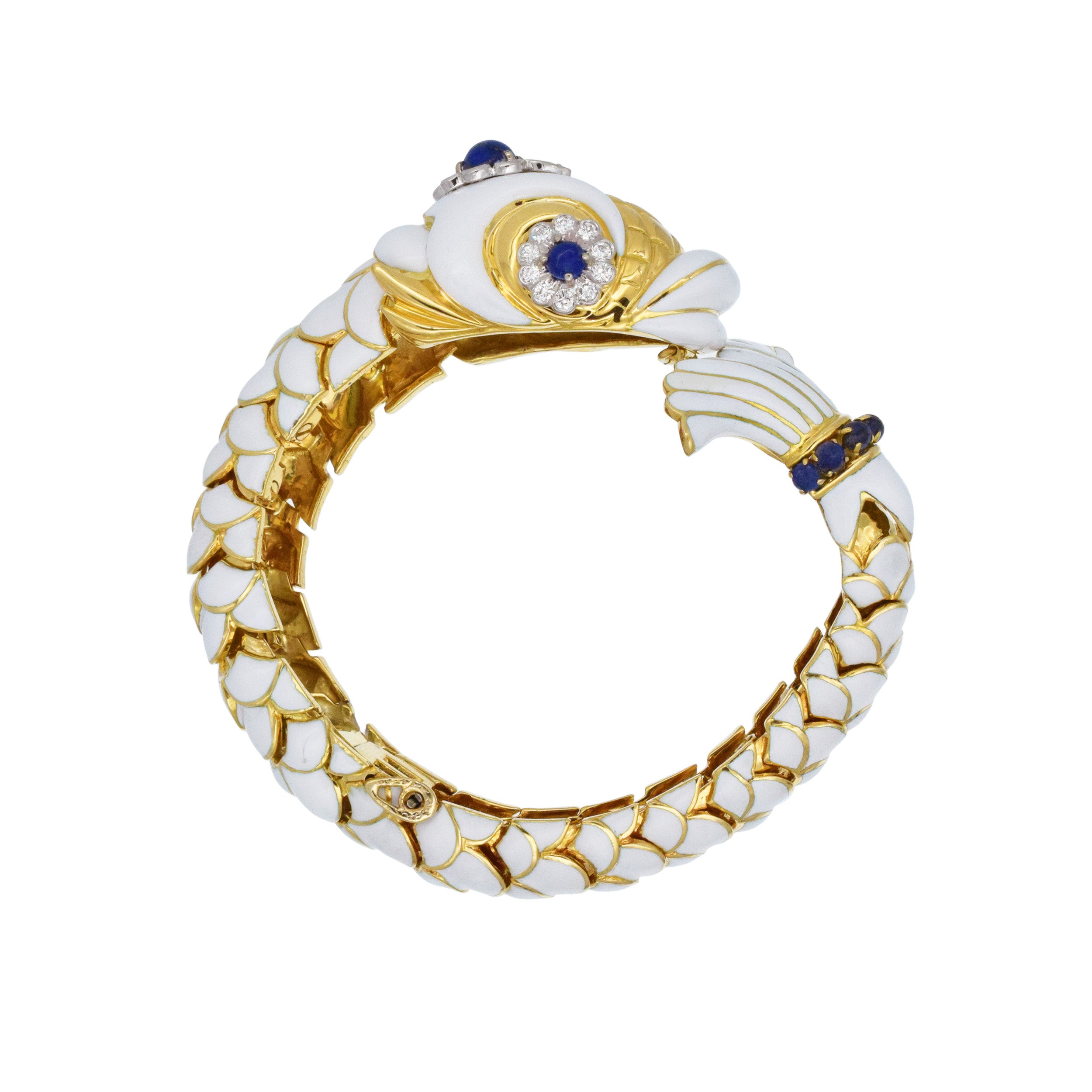 David Webb White Enamel, Diamond And Lapis Fish Bracelet In 18k Yellow Gold And Platinum