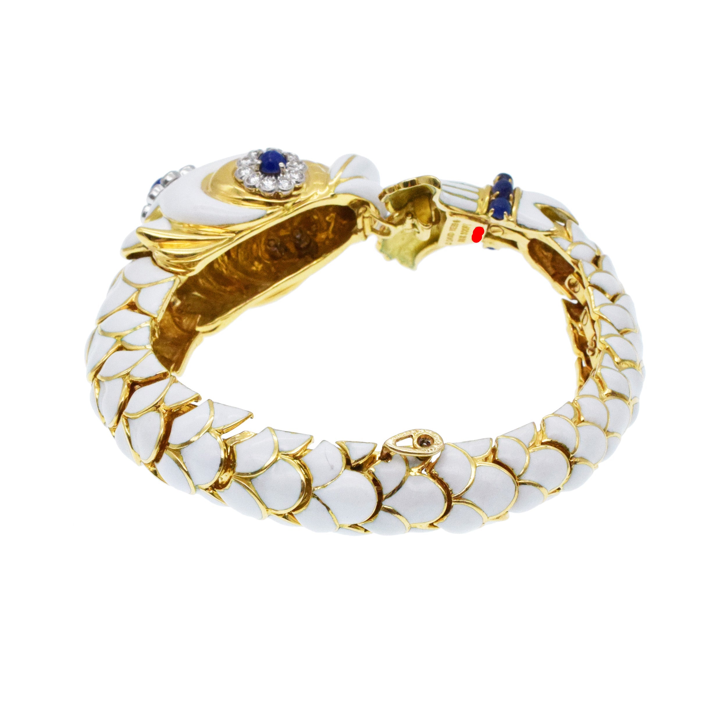 David Webb White Enamel, Diamond And Lapis Fish Bracelet In 18k Yellow Gold And Platinum