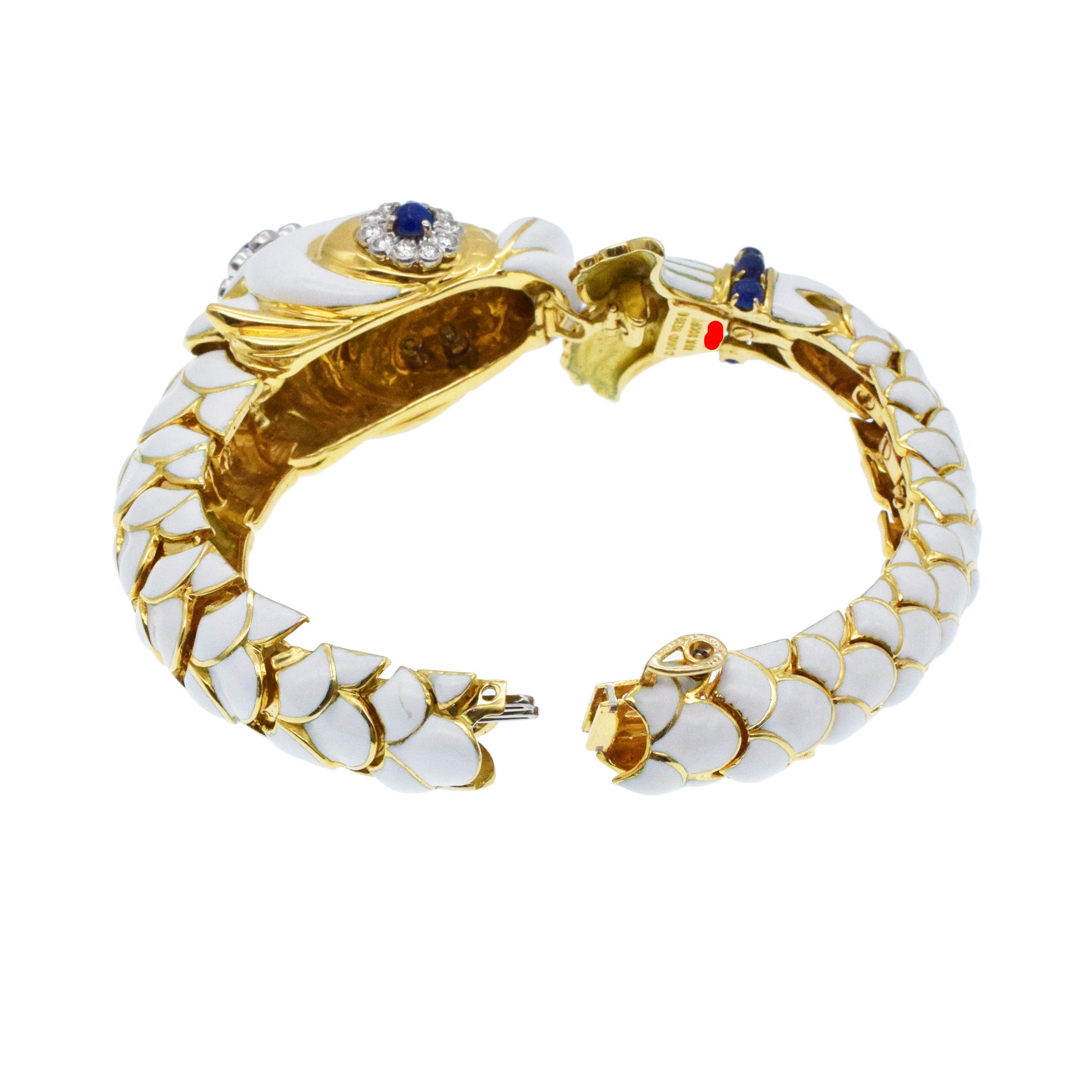 David Webb White Enamel, Diamond And Lapis Fish Bracelet In 18k Yellow Gold And Platinum