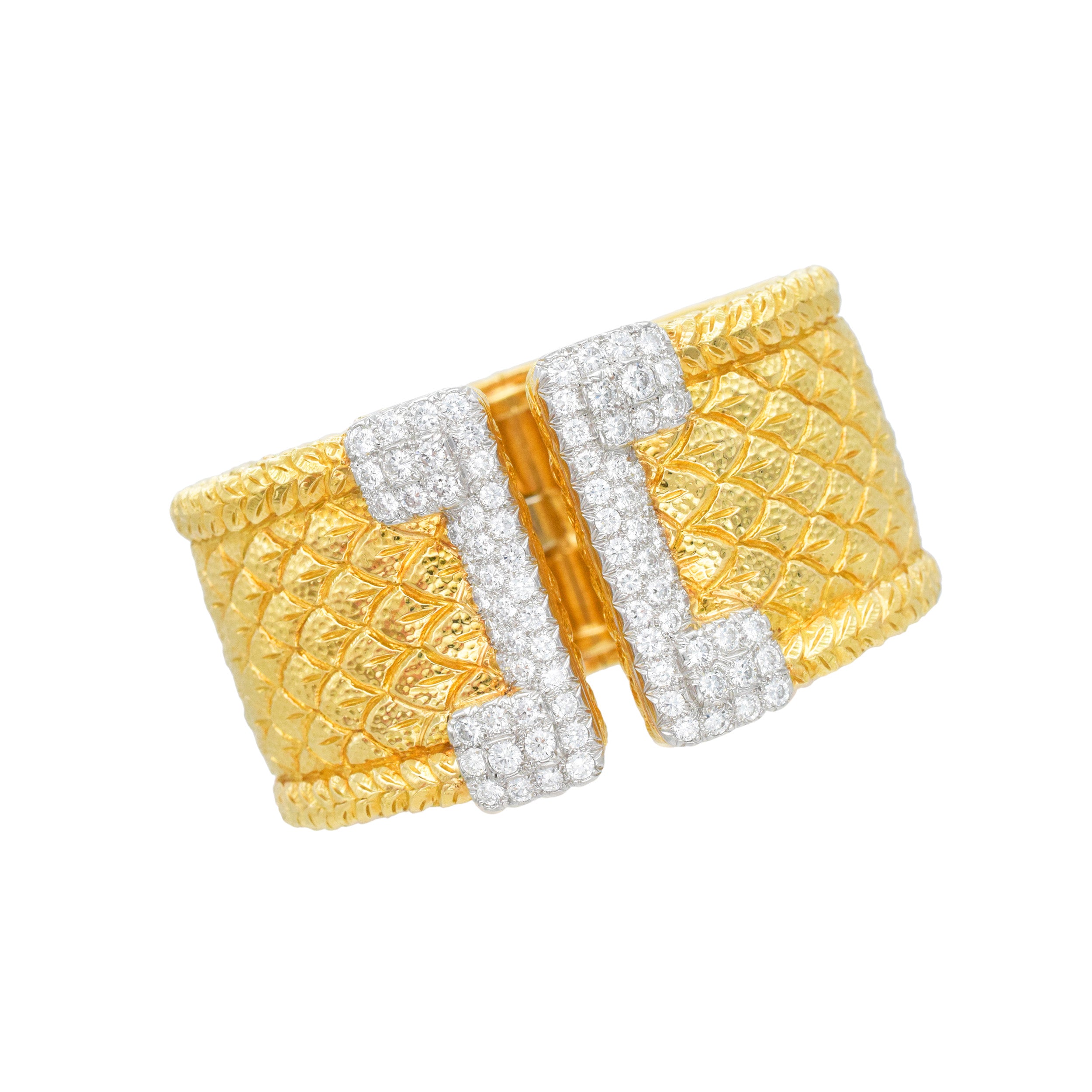 David Webb 18k Yellow Gold Fish Scale Cuff Bracelet With Diamond And Platinum Accents