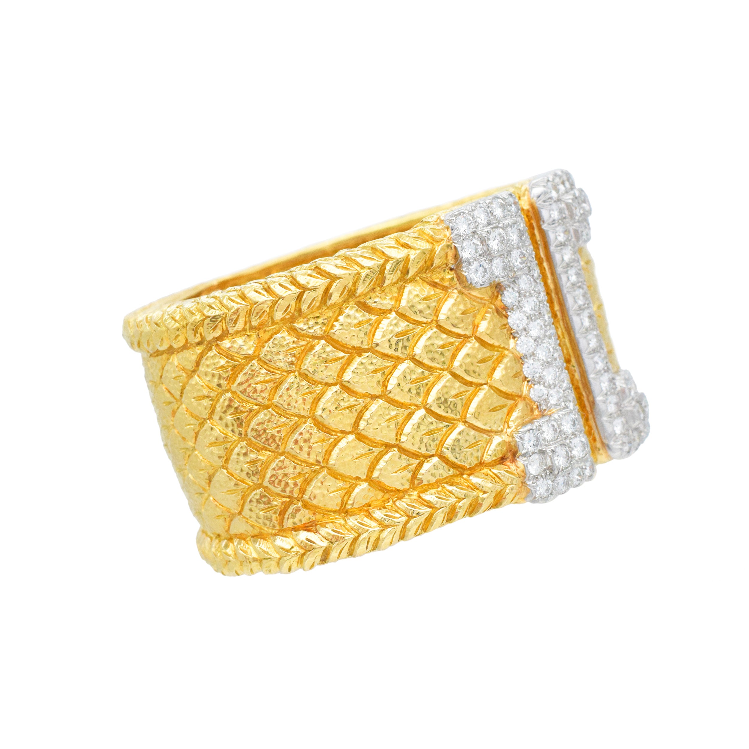 David Webb 18k Yellow Gold Fish Scale Cuff Bracelet With Diamond And Platinum Accents