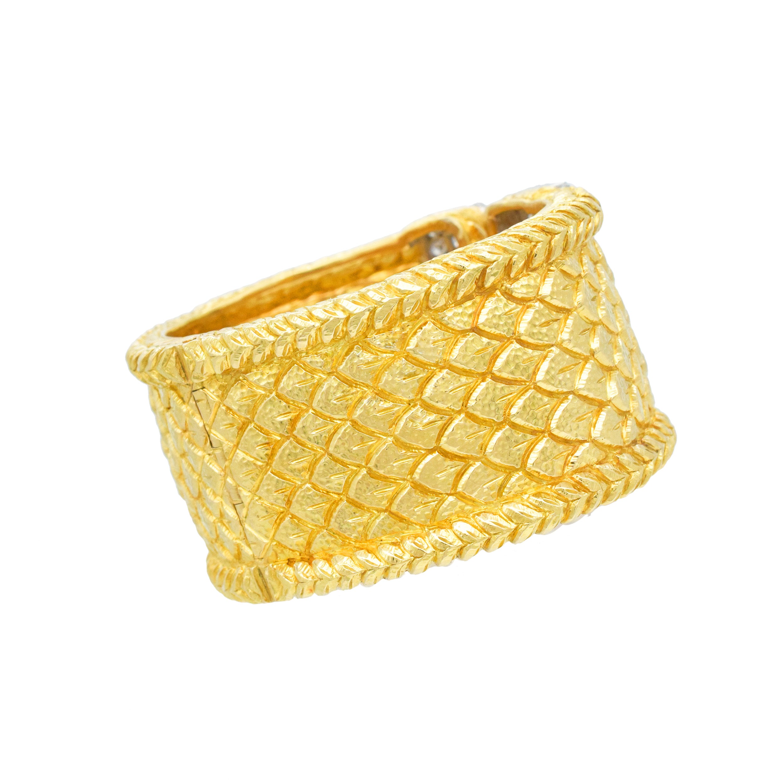 David Webb 18k Yellow Gold Fish Scale Cuff Bracelet With Diamond And Platinum Accents