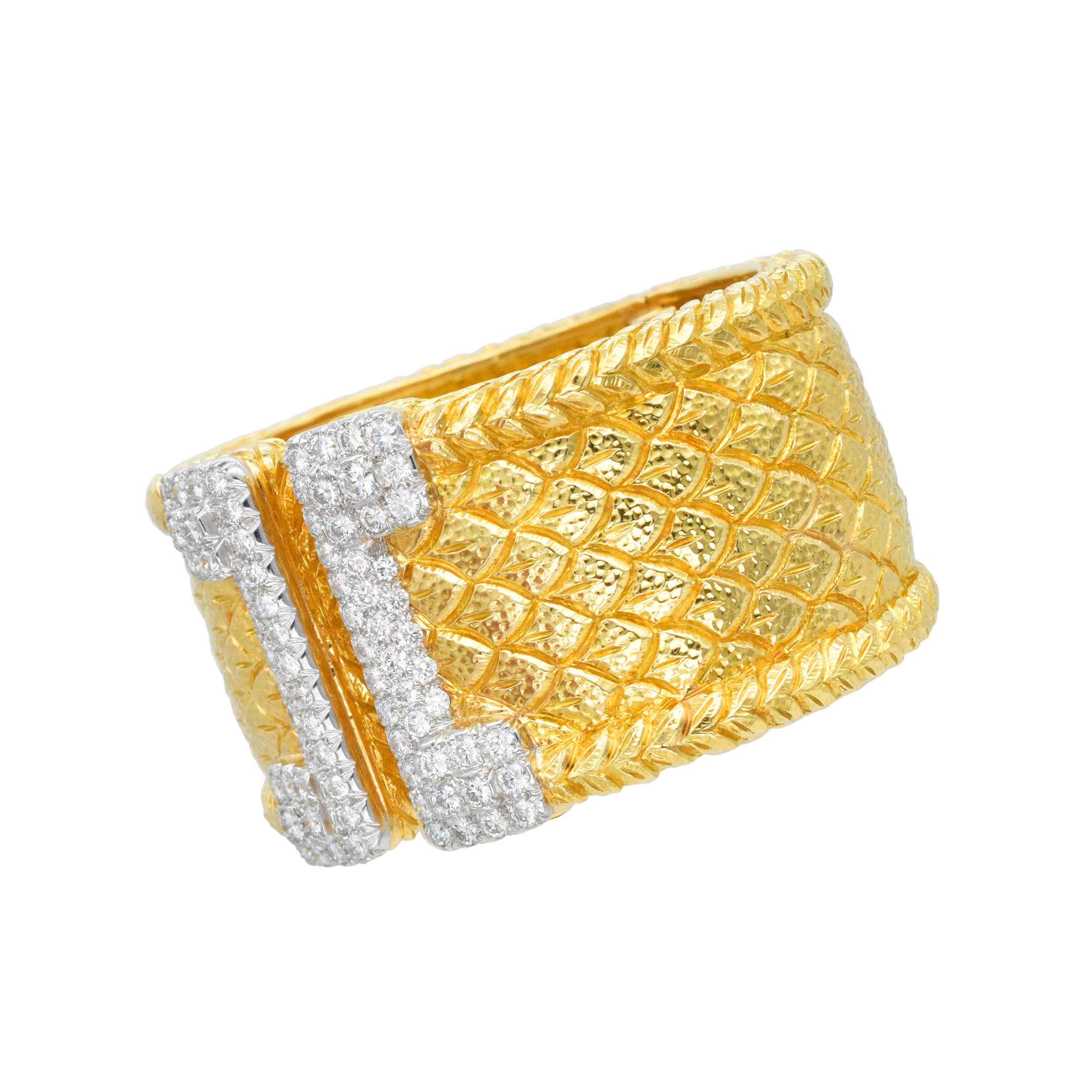 David Webb 18k Yellow Gold Fish Scale Cuff Bracelet With Diamond And Platinum Accents