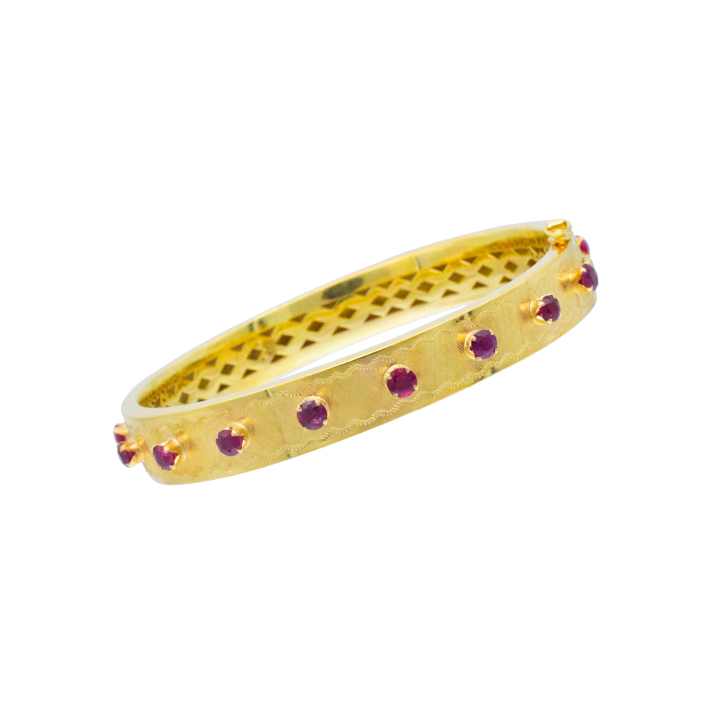 18k Yellow Gold And Ruby Hinged Bangle Bracelet