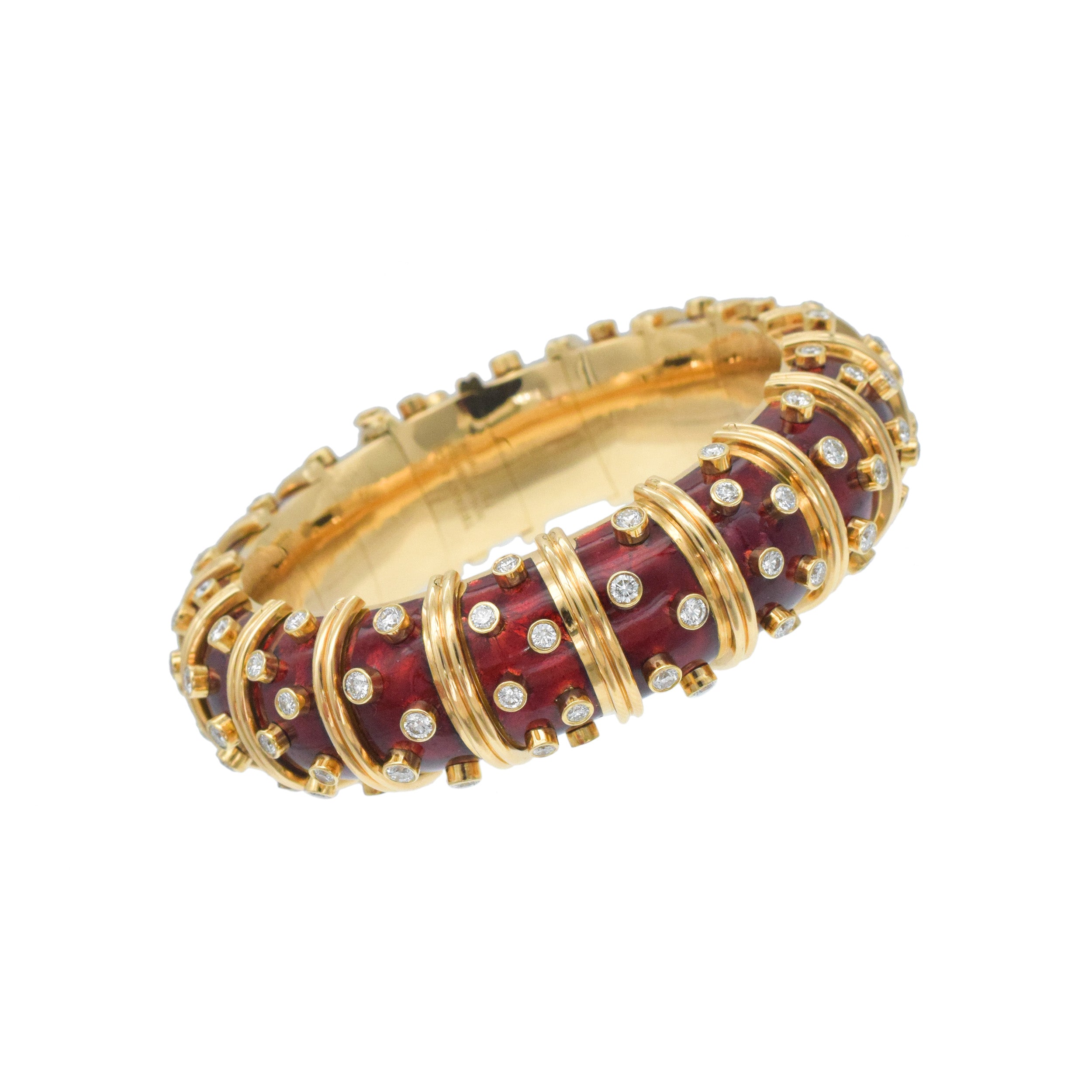 Tiffany & Co. Schlumberger Diamond And Red Enamel Bangle In 18k Yellow Gold