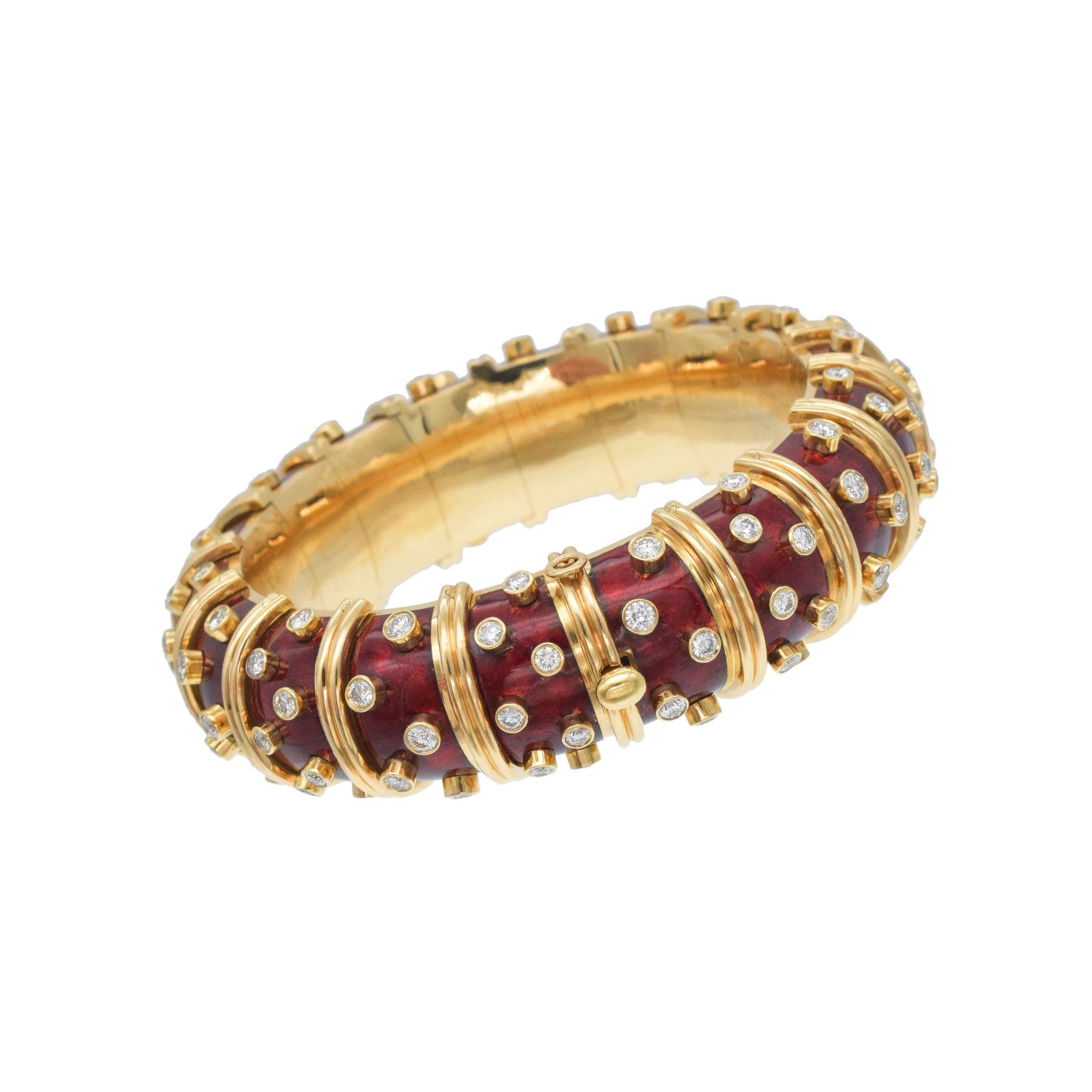 Tiffany & Co. Schlumberger Diamond And Red Enamel Bangle In 18k Yellow Gold