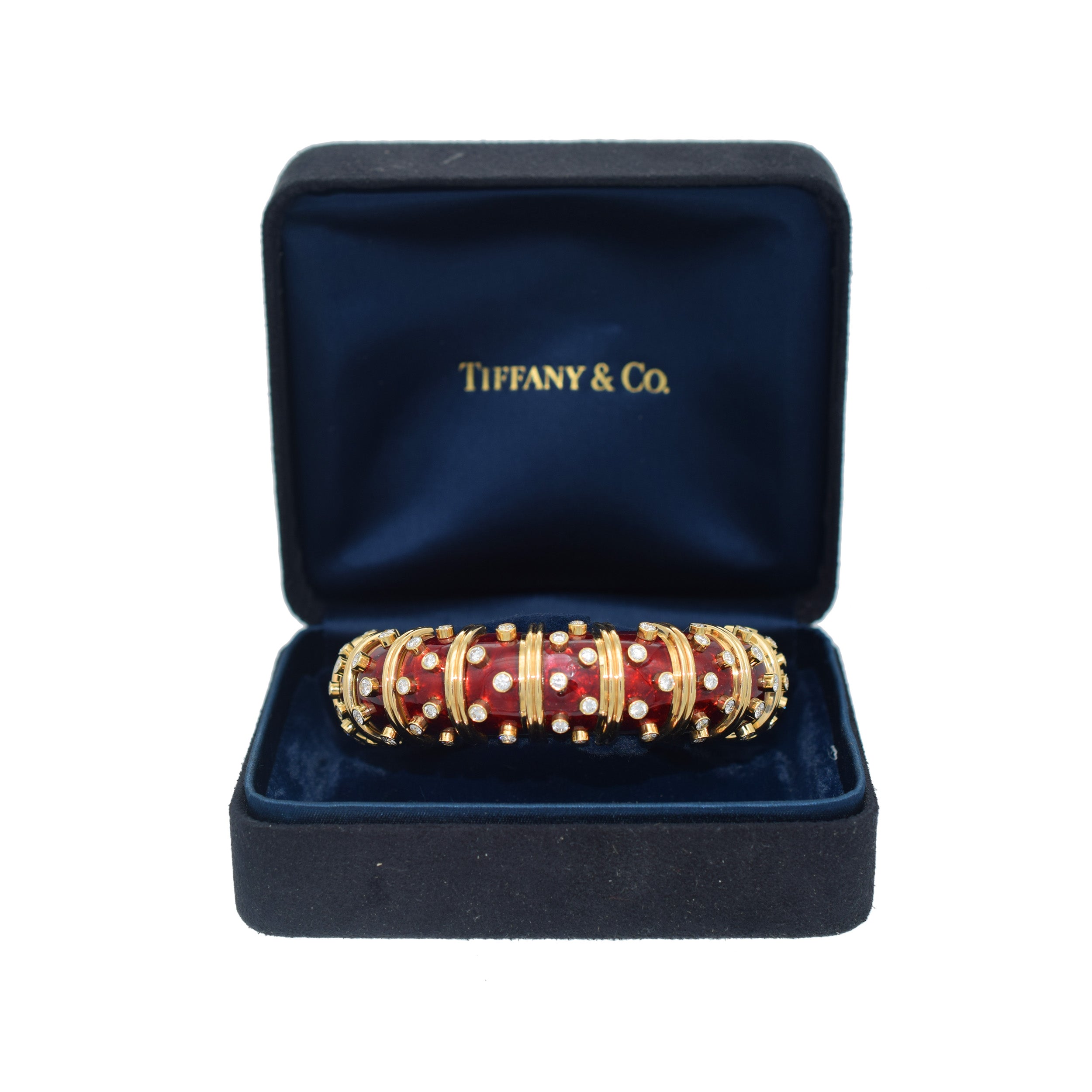 Tiffany & Co. Schlumberger Diamond And Red Enamel Bangle In 18k Yellow Gold