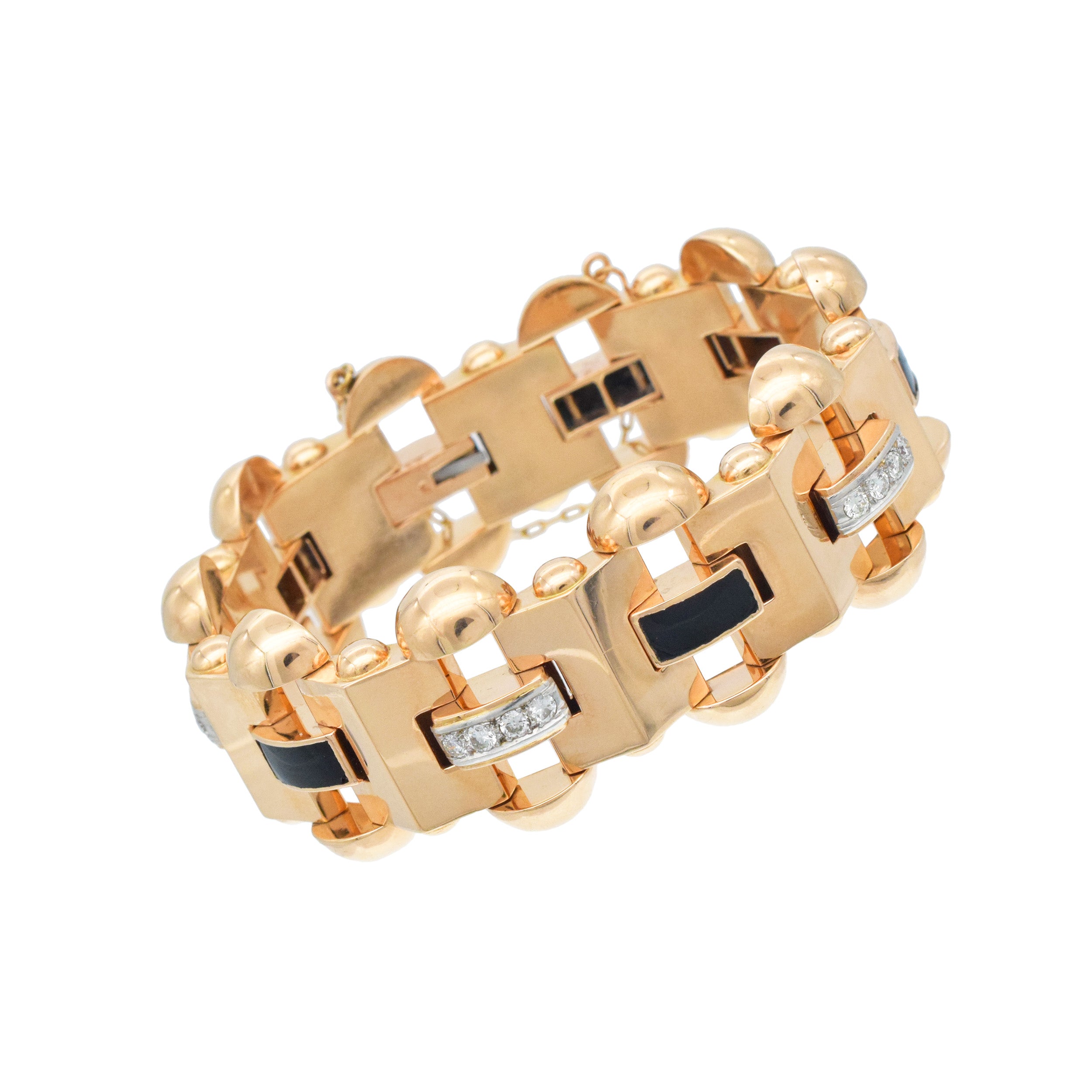 Retro Diamond And Onyx Statement Bracelet In 18k Rose Gold