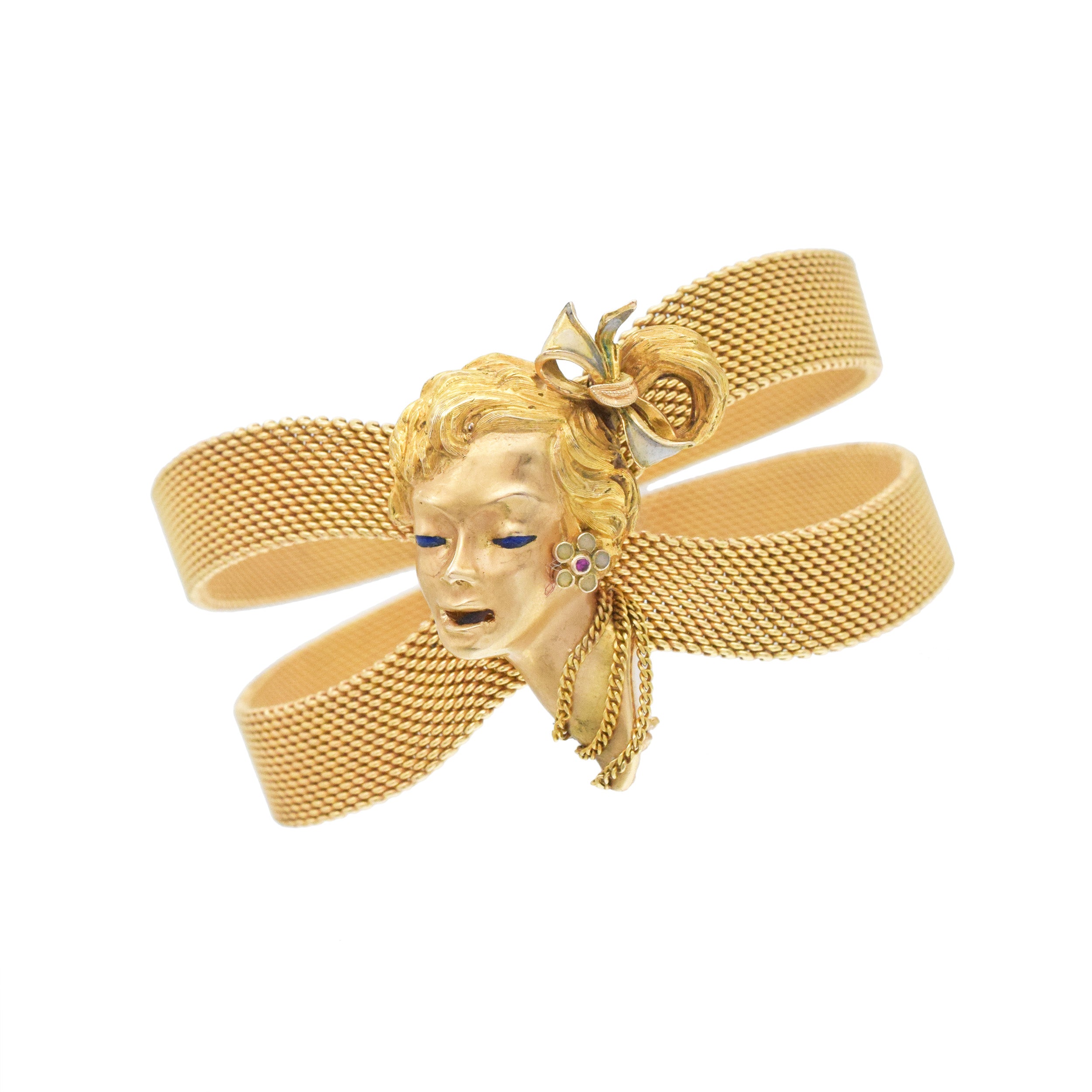 18k Yellow Gold And Enamel 3D Lady Face Brooch / Bracelet Clip, With Mesh Split Bracelet In 18k Yellow Gold