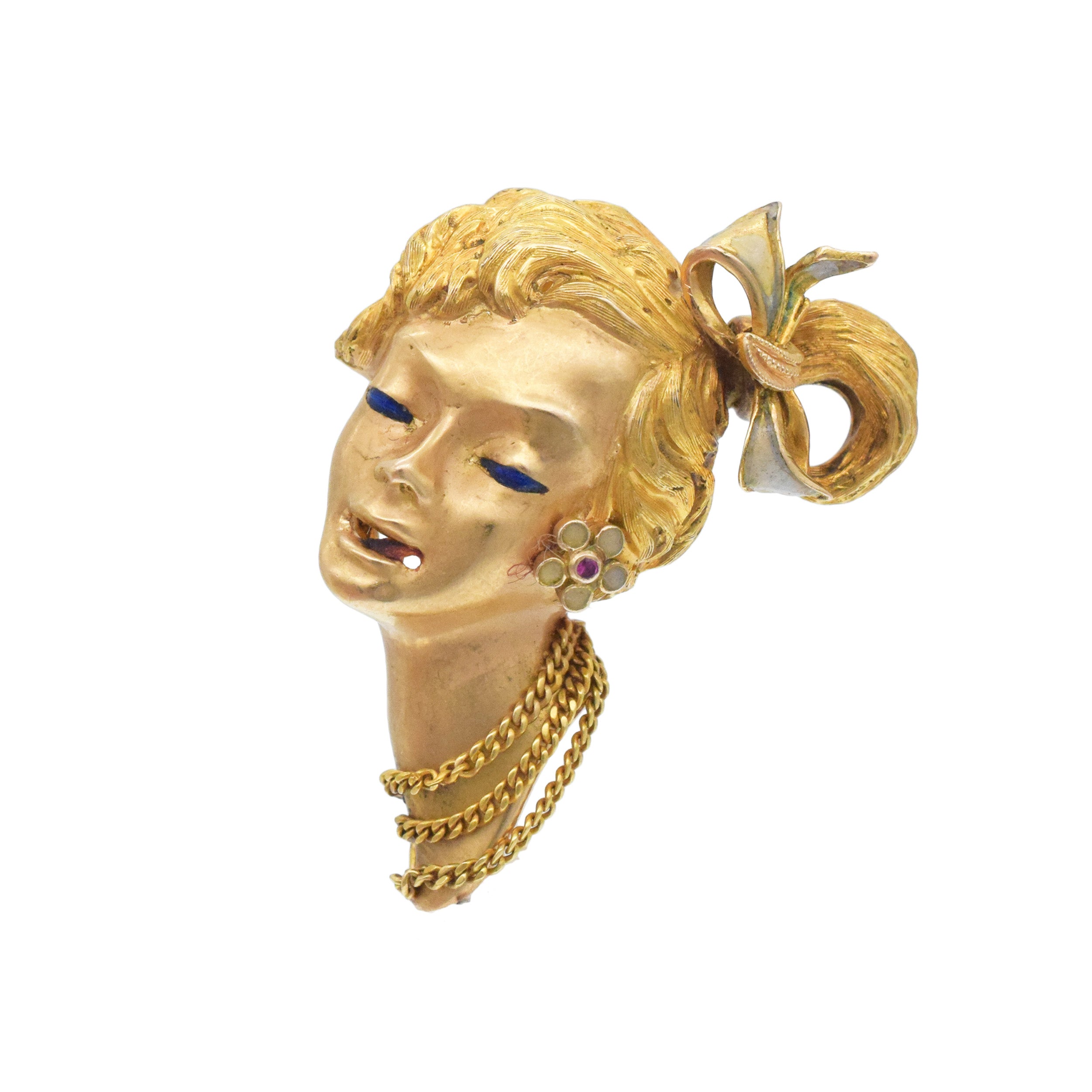18k Yellow Gold And Enamel 3D Lady Face Brooch / Bracelet Clip, With Mesh Split Bracelet In 18k Yellow Gold
