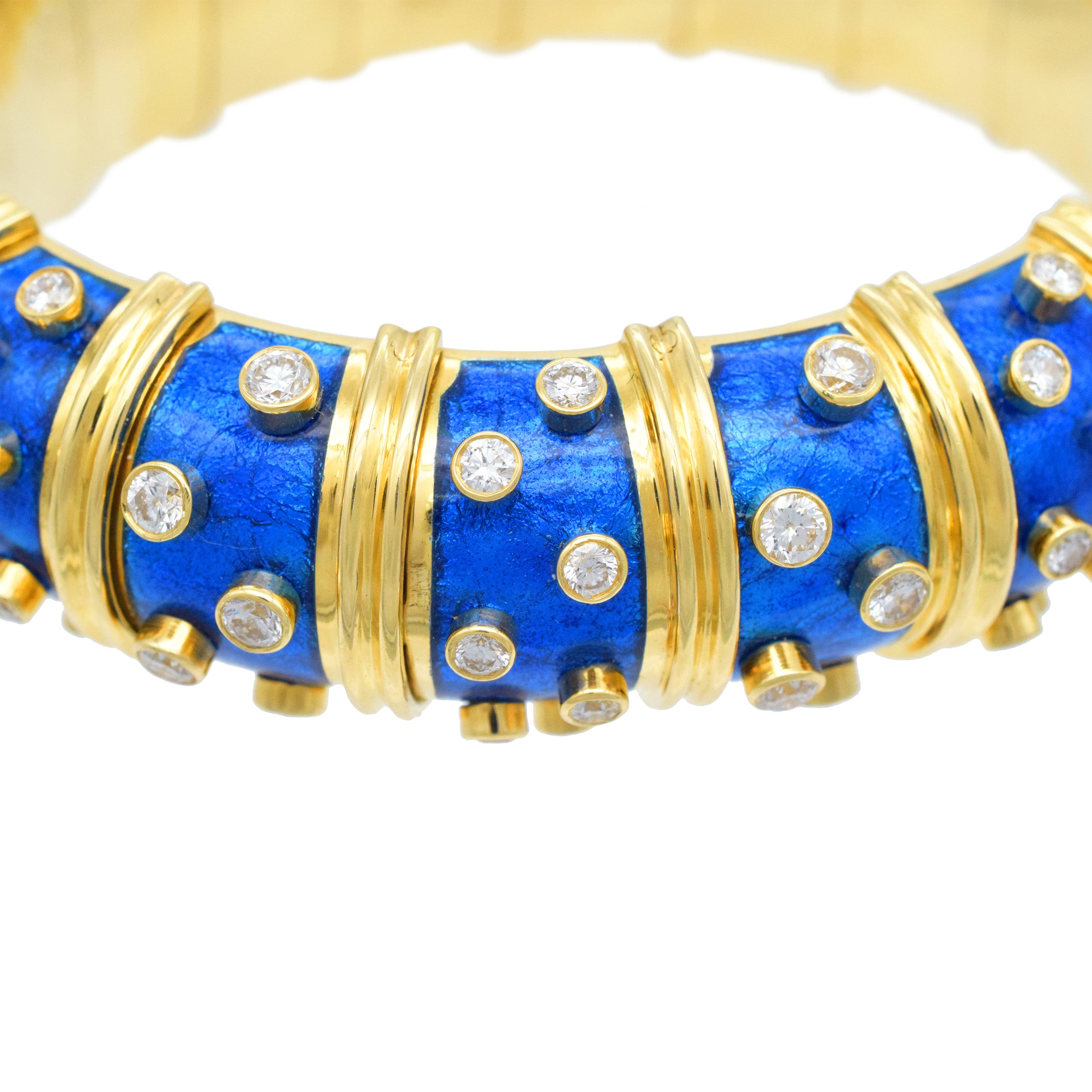 Tiffany & Co. Schlumberger Diamond And Blue Enamel Bangle In 18k Yellow Gold
