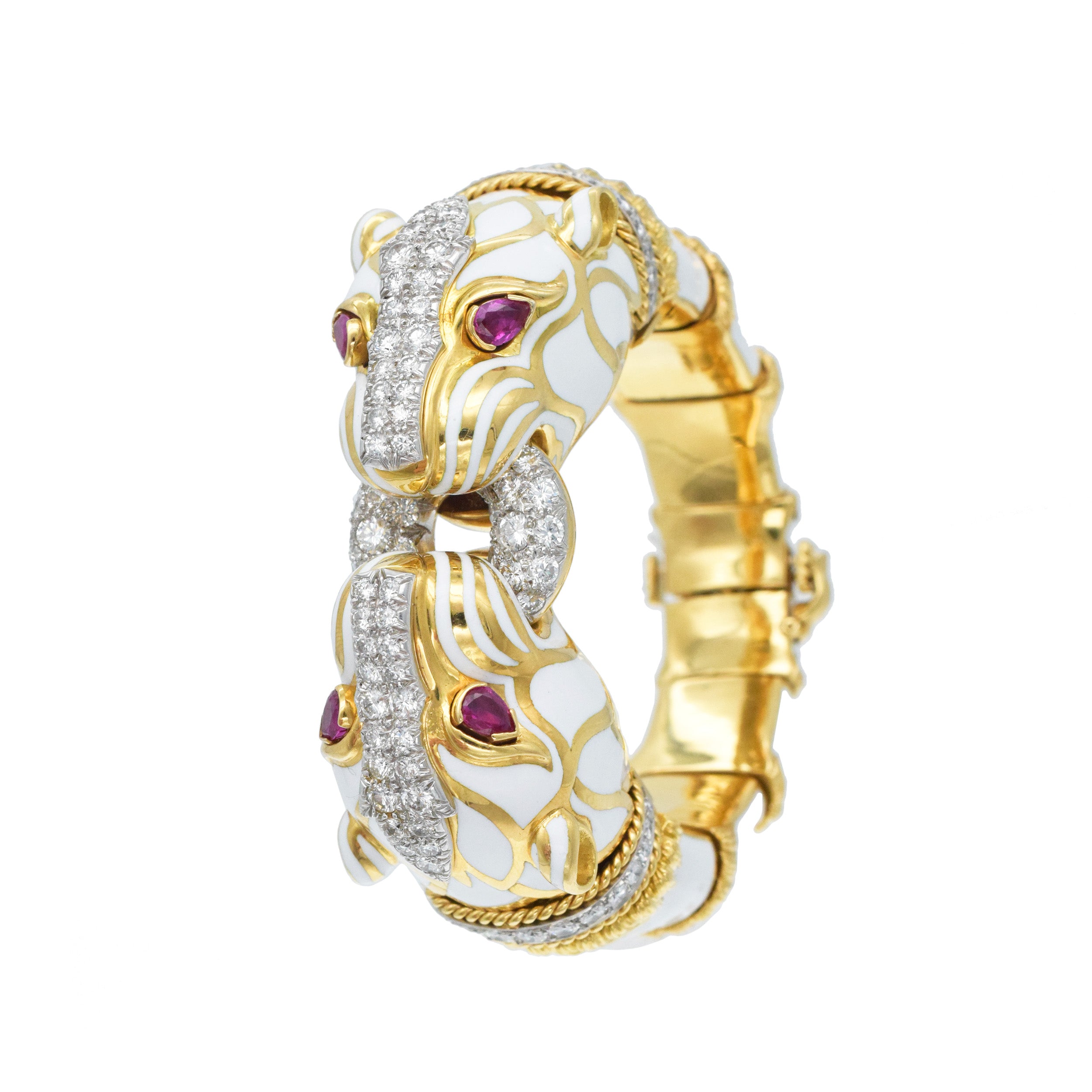 David Webb White Enamel, Diamond & Ruby Double Panthere Head Bracelet In Gold & Platinum