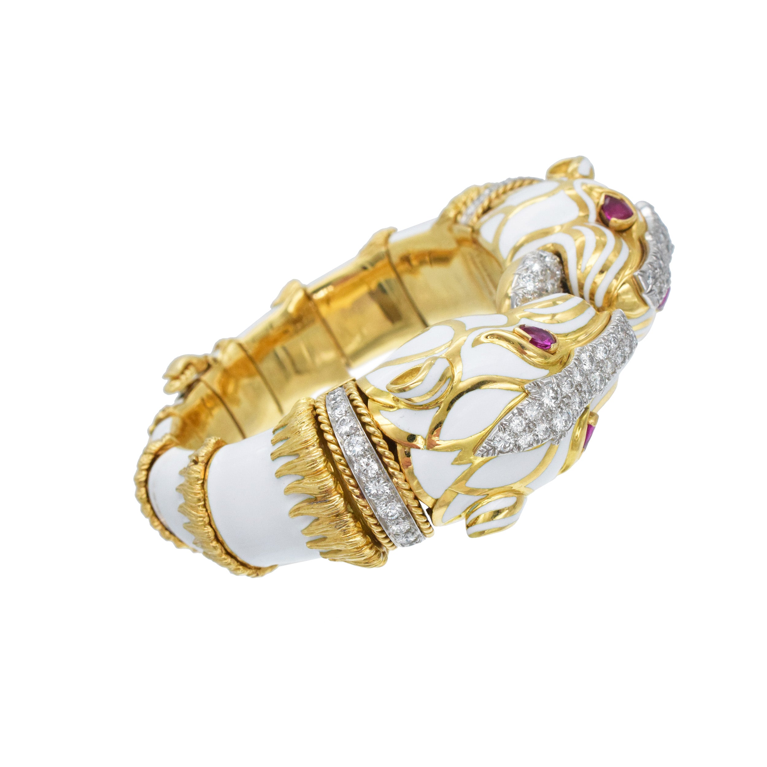 David Webb White Enamel, Diamond & Ruby Double Panthere Head Bracelet In Gold & Platinum