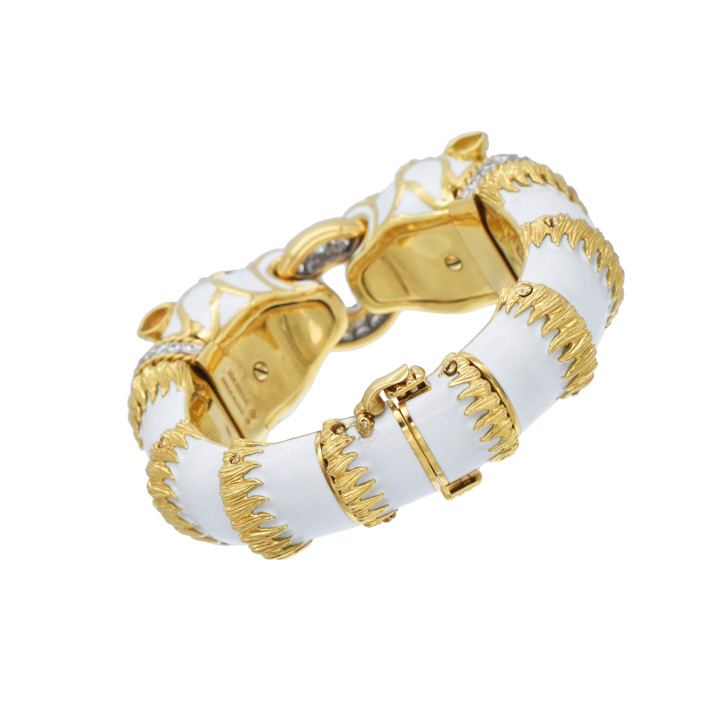 David Webb White Enamel, Diamond & Ruby Double Panthere Head Bracelet In Gold & Platinum
